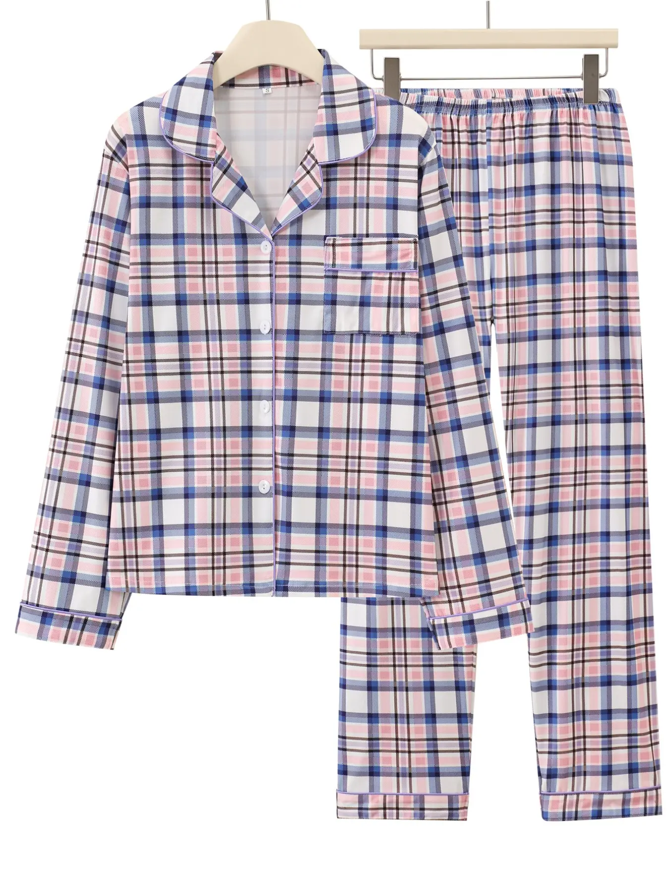 Women's Plaid Pajama Set, Long Sleeve Fitted Sleepwear Loungewear, Soft Comfortable Fabric, Casual Style, All Seasons, Button Front Design