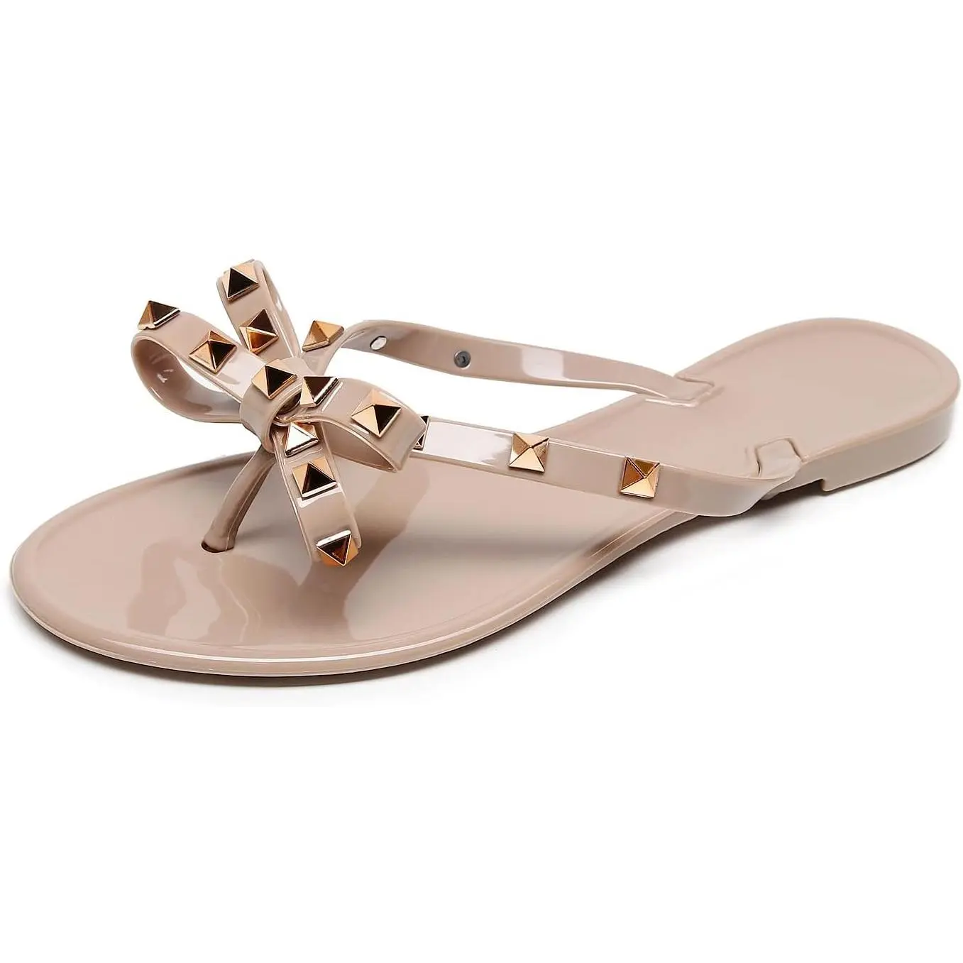 Women's Studded Jelly Sandals Bow Flip Flops Flat Black Summer Beach Thong Sandals with Rivets Strappy Slip-On(Gift)