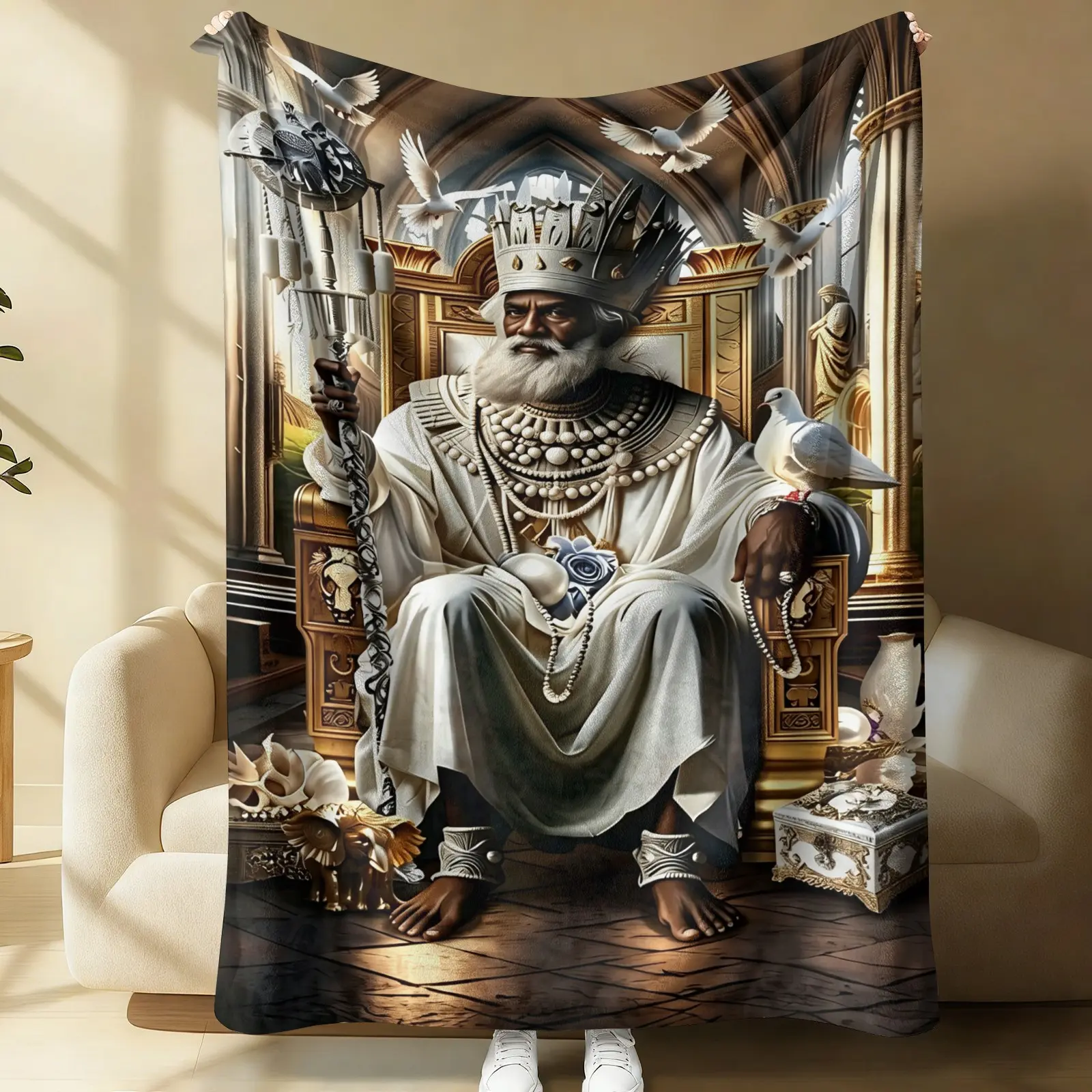 Vintage Obatala Orisha Fleece Blanket, African Orisha King Dove & Throne All Season Throw, Holiday Home Decor, Multifunctional Blanket, Multi-Functional Foldable Portable Travel Flannel Blanket, Yoruba Culture Souvenir