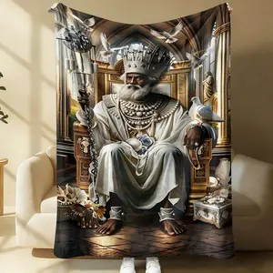 Vintage Obatala Orisha Fleece Blanket, African Orisha King Dove & Throne All Season Throw, Nice Holiday Home Decor, Multi-Functional Foldable Portable Travel Flannel Blanket, Unique Yoruba Culture Souvenir