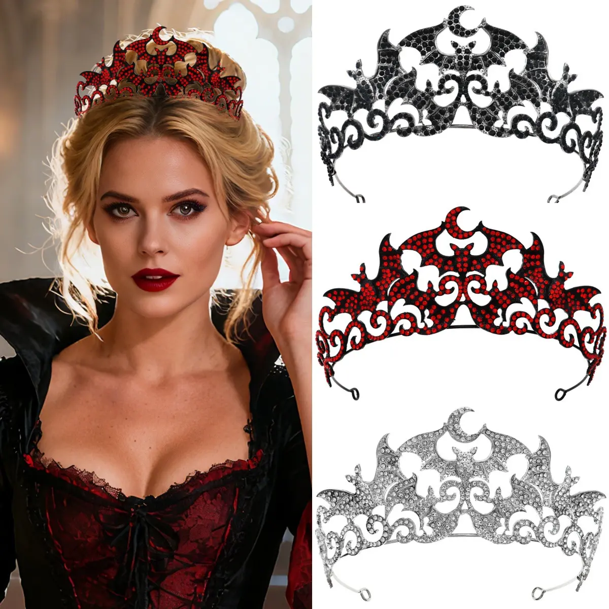 Gothic Bat Wing Crown for Women, Dark Fantasy Tiara with Faceted Rhinestone Embellishments, Lightweight Alloy Witchcore Halloween Headpiece for Cosplay, Renaissance Fair, Concerts, Crown Motif, Tiara Form, Costume Event, Female, Gothic And Witchcore Aesth