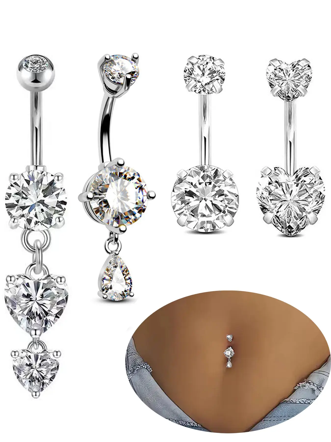 4Pcs Medical Stainless Steel Belly Button Rings Set, Heart Teardrop CZ Long & Short Dangle Navel Piercing Jewelry For Girls