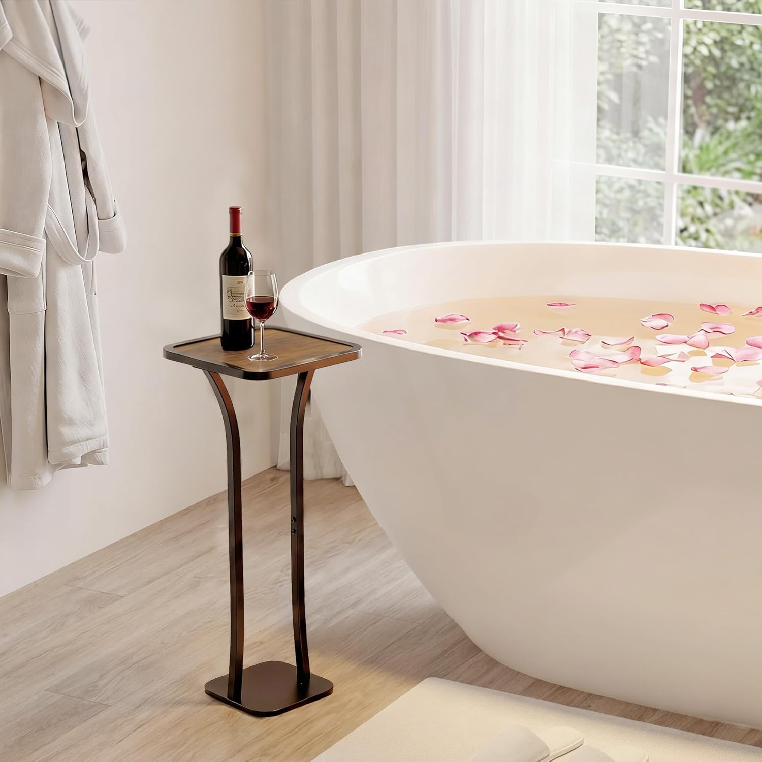 Small Square Side Table, Drink Table, Solid Wood & Metal Accent Table for Small Spaces, Pedestal End Table for Living Room, Bedroom, Office(Black + Walnut)