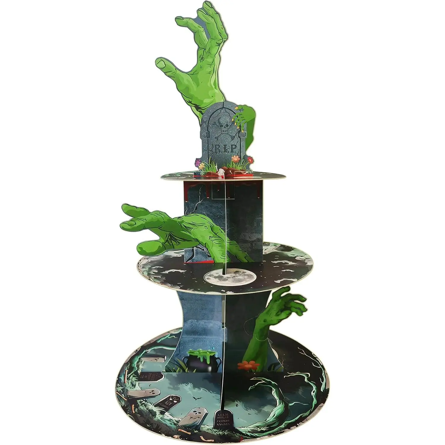 Kpfun 3 Tier Halloween Cupcake Stand The Zombie hand Cardboard Cake Stand graveyard Scary Party Cupcake Serving Tray for Halloween Party Decoration Supplies