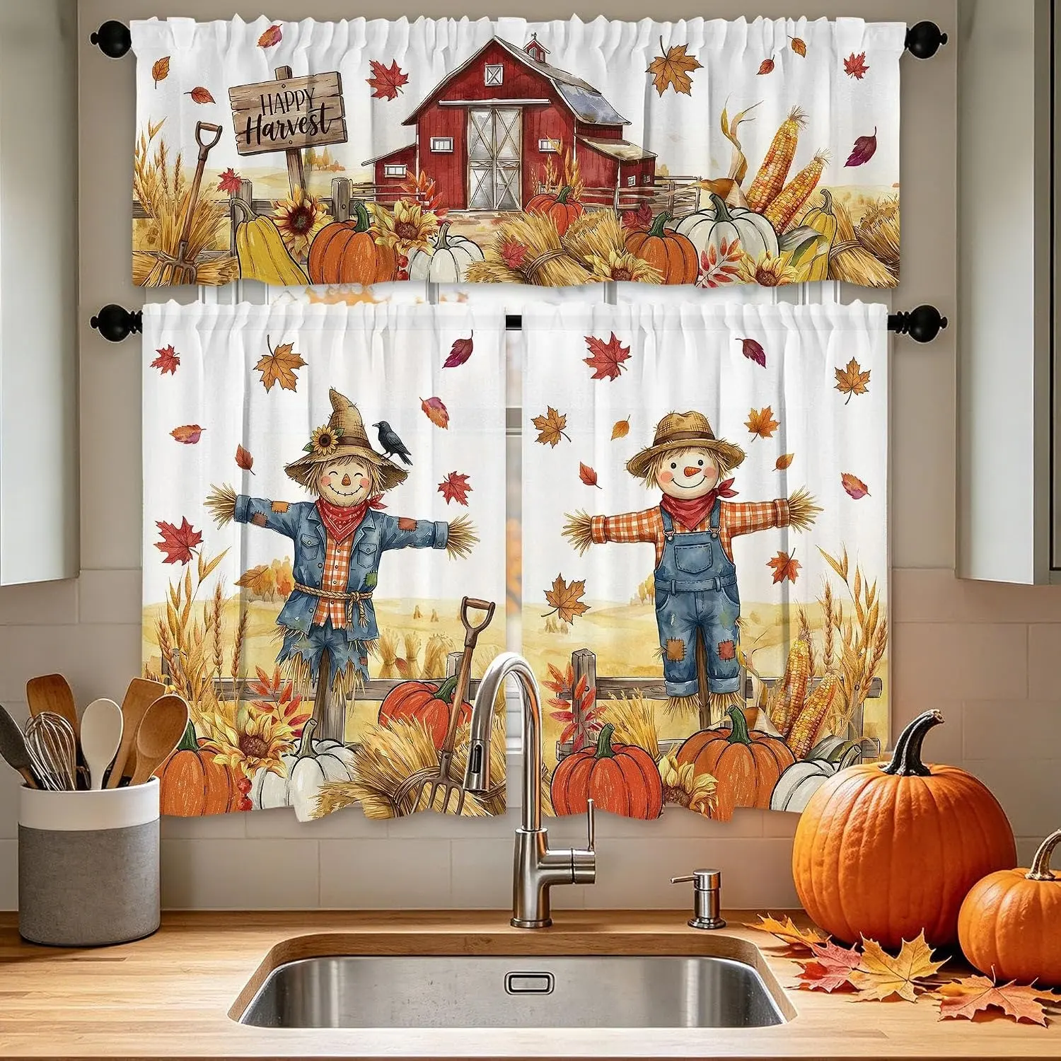 Fall Kitchen Curtains and Valances Set 3 PCS for Window, Scarecrow Trcuk Kitchen Decor for Bahtroom, Home - Laundry Farmhouse Thanksgiving Short Curtains