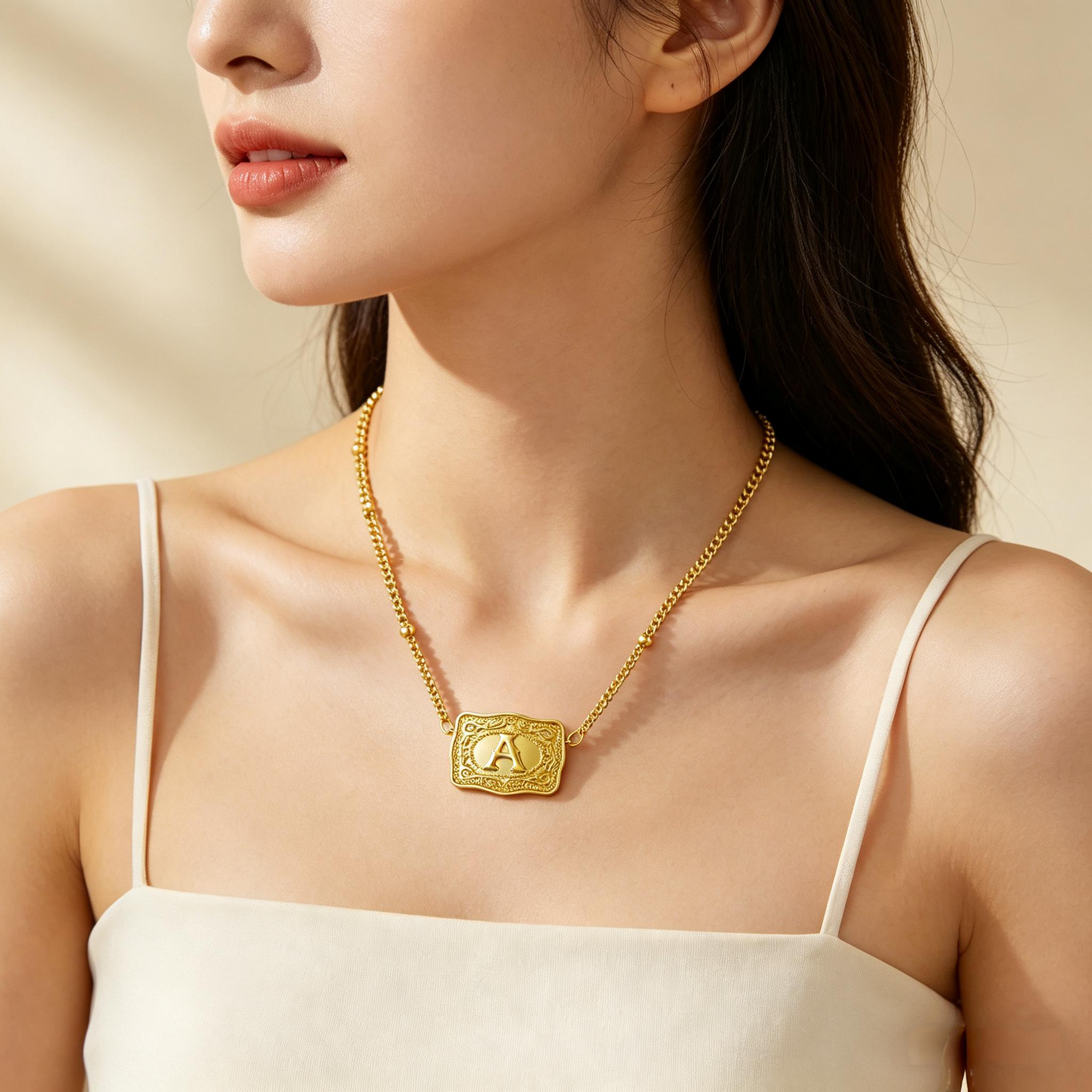 Trending Personalized Initial Necklace with Embossed Belt Buckle Fashionable and Versatile Daily Jewelry Gift for Women Men