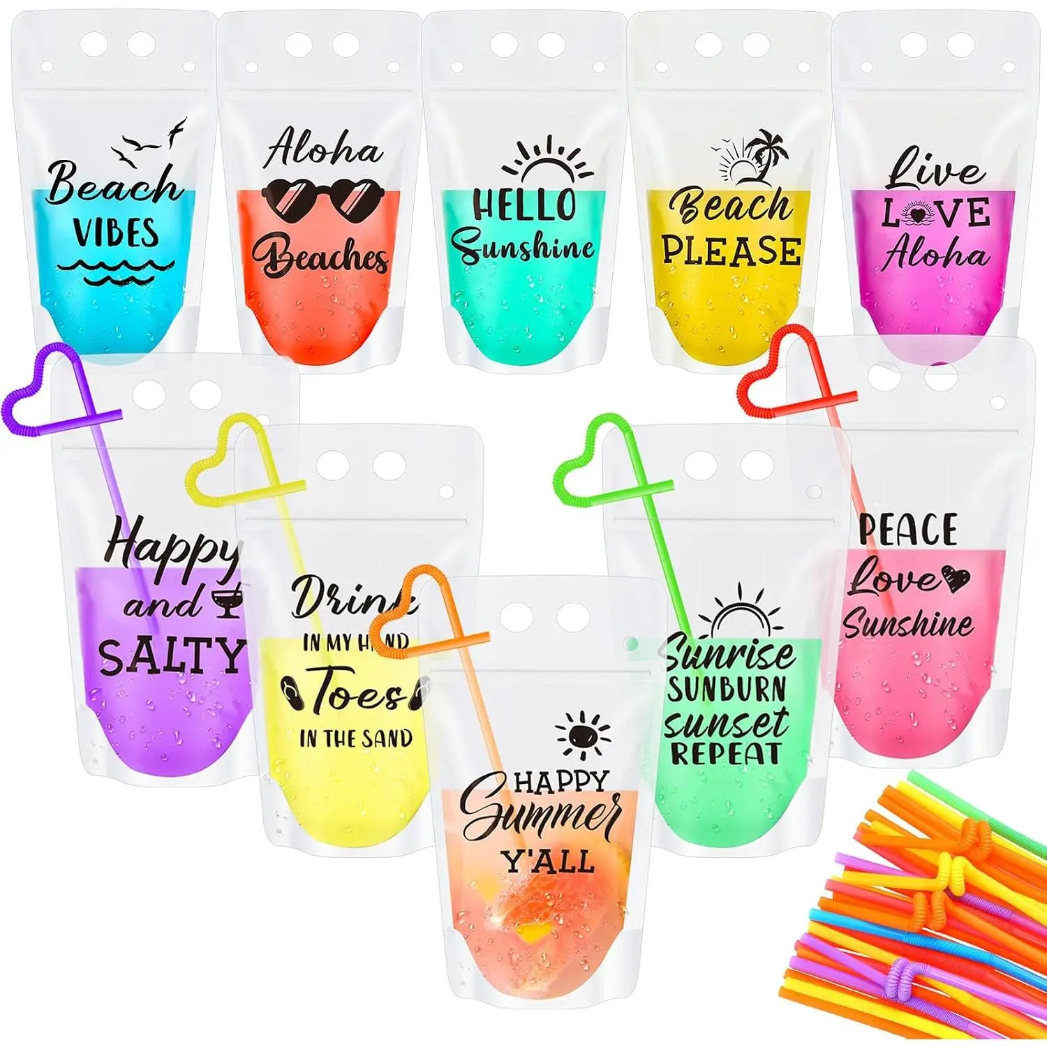 30 count Summer Drink Pouches with Straws for Adult 16oz | Resealable Smoothie Juice Bags, Beverage Pouches for Beach Translucent Party Favor, Plastic Clear Drink Container with Zipper