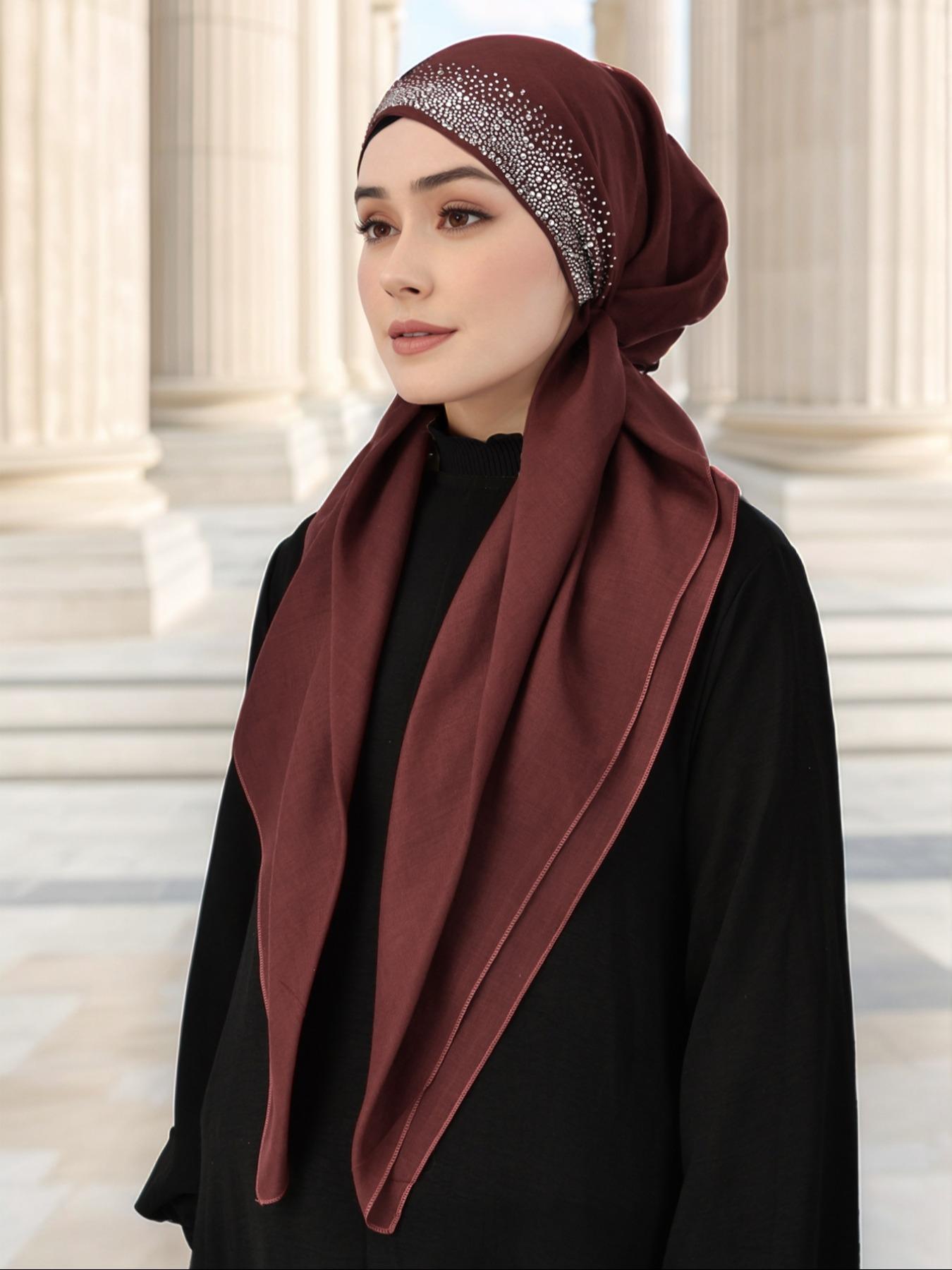 Women's Solid Color Rhinestone Decor Instant Hijab, Modest Fashion Breathable Hijab for Daily Wear, Women's Islamic Accessory for All Seasons, Turban Style Hijab