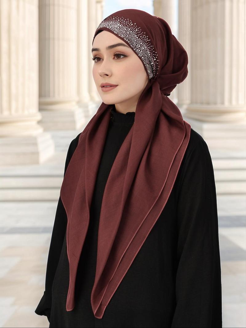 Women's Solid Color Rhinestone Decor Instant Hijab, Turban Hijab, Modest Fashion Breathable Hijab for Daily Wear, Women's Islamic Clothing for All Seasons