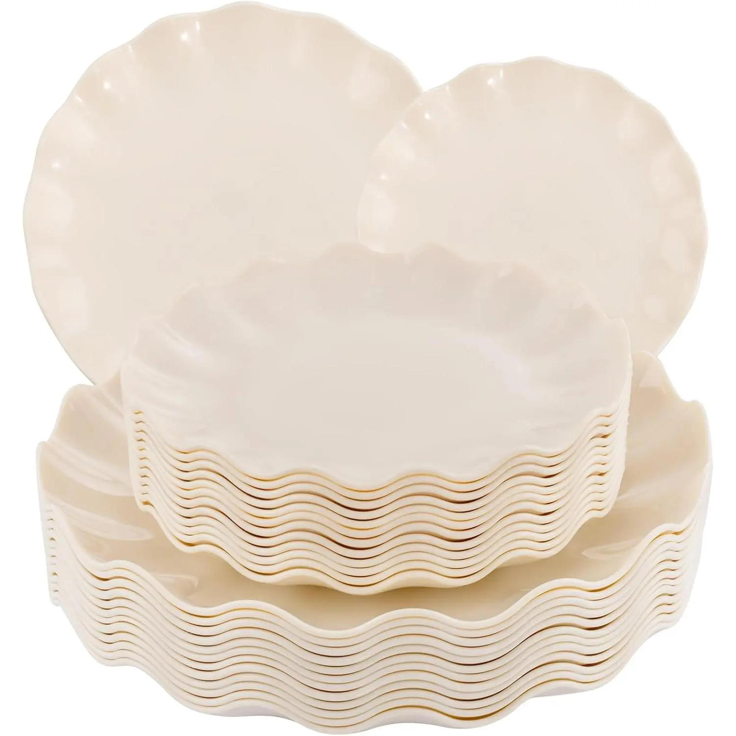 Plastic Plates Reusable,Unbreakable Dinner Plates, Scalloped Plastic Plates, Dishwasher Safe,Ivory Plate Sets Perfect for Parties, Birthday, Picnics, BPA Free