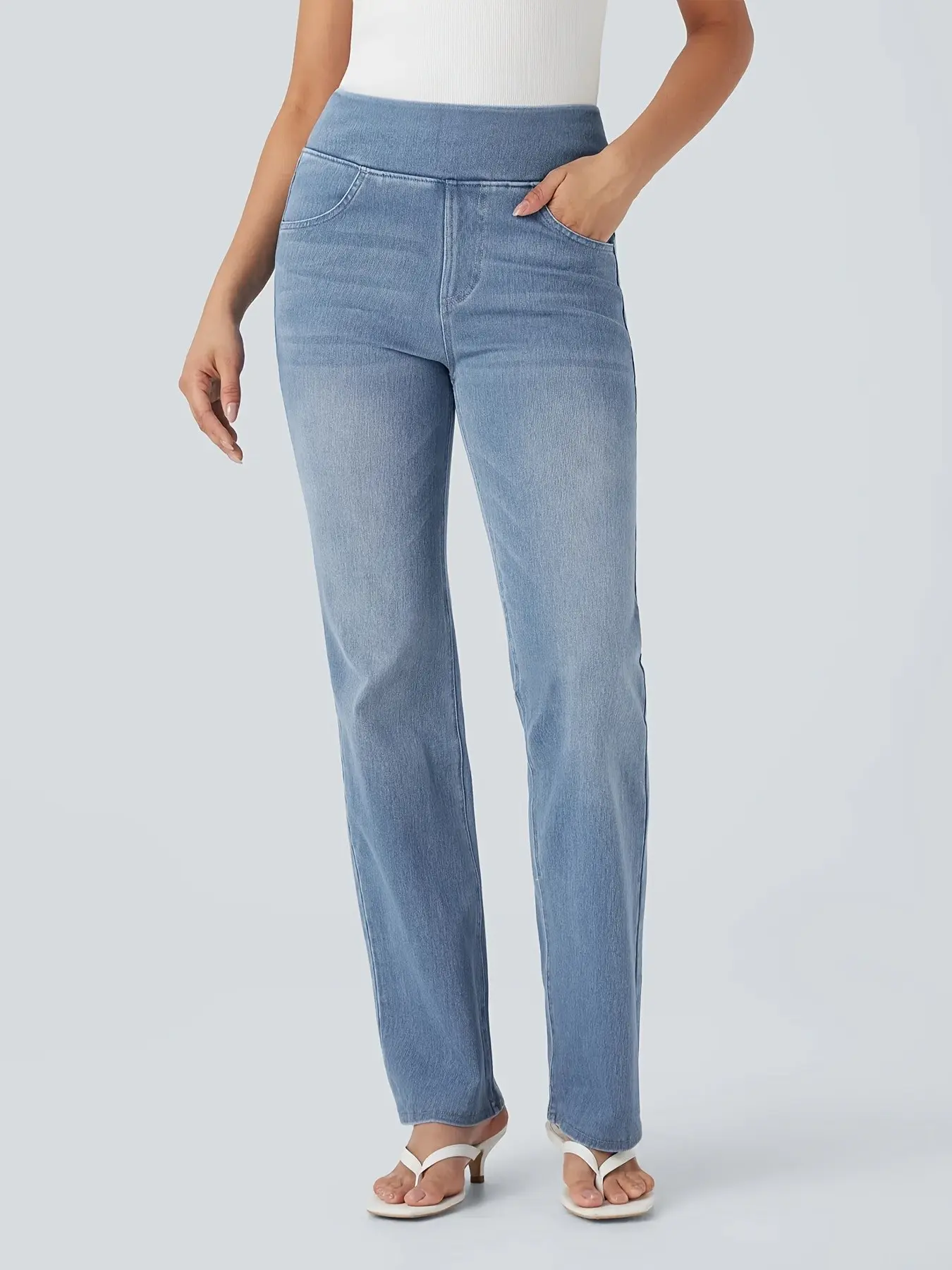 Casual Fashion Women Ribbed Waist Stretch Light Wash Solid Color Denim Jeans, Perfect for Dates, Concerts, Parties, Clubs, Holidays, All Seasons