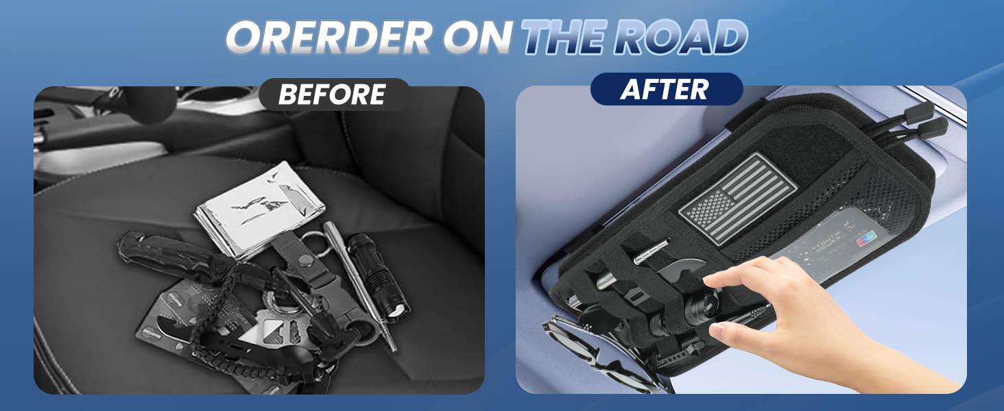 Molle Visor Organizer for Car, 1000D Polyester Tactical Panel Sun Glasses Holder with Zipper Pockets, Adjustable Straps for SUV Truck Pickup Patrol Car Sto