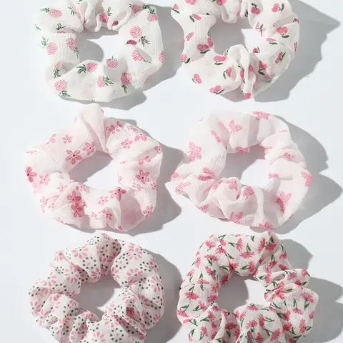 Cherry Blossom Fruit Print Scrunchies Set, 6-Piece Women's Hair Ties, Casual Ditsy Floral Design, All-Season Headbands, Hair Accessories