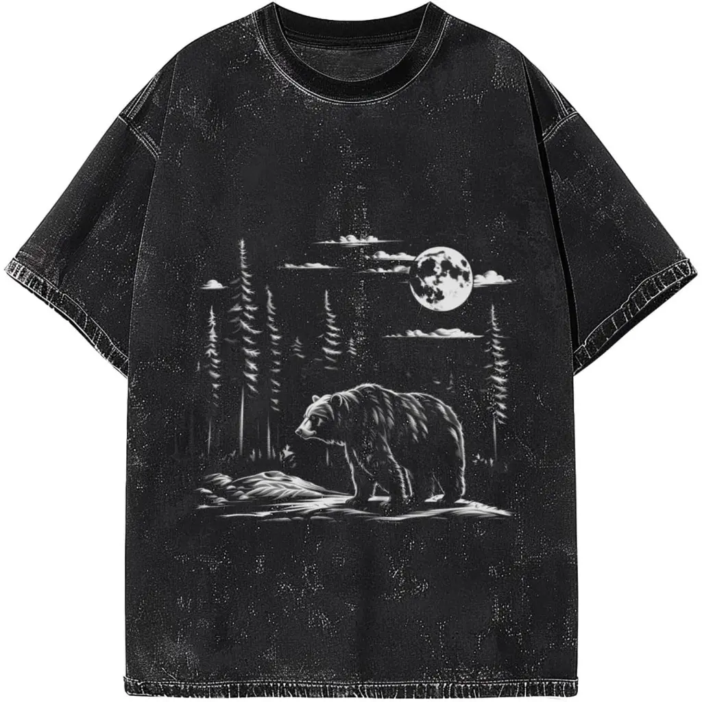Vintage Wash Grizzly Bear Graphic Tee Acid Wash Aesthetic Premium Cotton Tshirt Forest Wildlife Nature T Shirt Women Short Sleeve Crewneck Top Fun Gift Men Loose Casual Top Oversized Summer Outfit