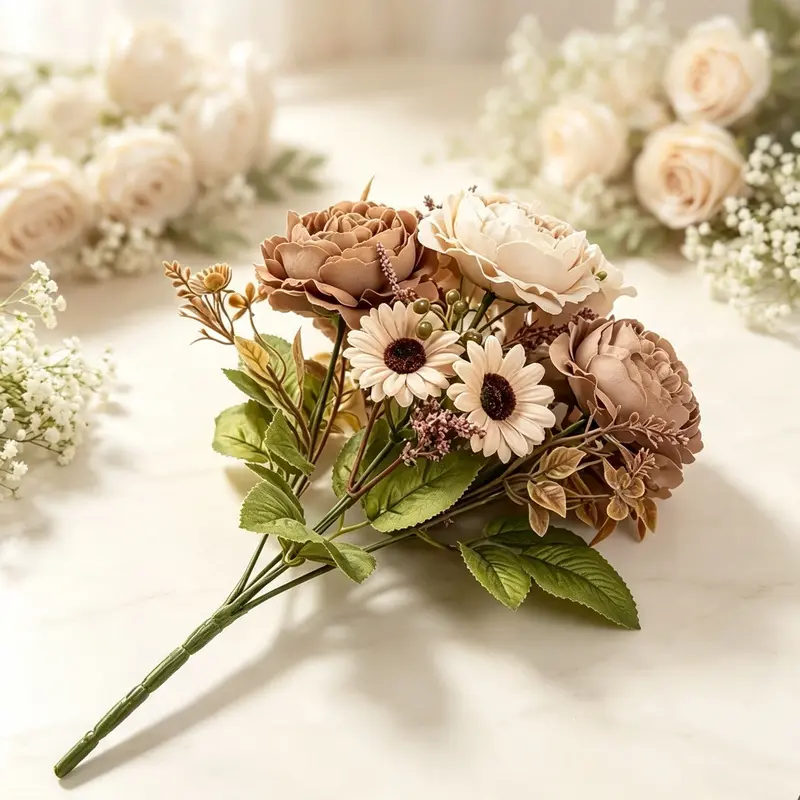 3/5 The artificial flowers are composed of small brown daisies and roses, with gentle and elegant colors, suitable for home, garden, restaurant, window display, office, party, wedding decoration, and DIY garden floral Christmas decoration.