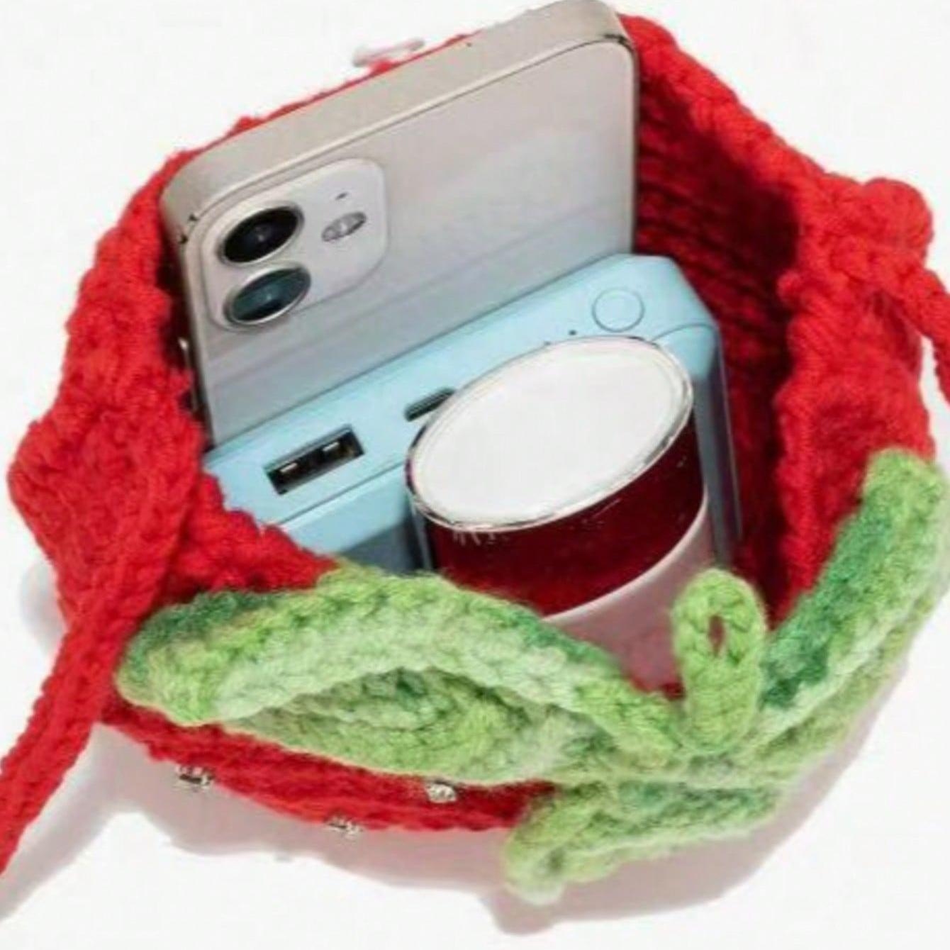 Cute Mini Everyday Purse, Handmade Creative Crochet Strawberry Handbag With Rhinestones Crossbodybag stylish Crossbody Shoulderbag Student Bag Children Bag Perfect for Everyday Outings
