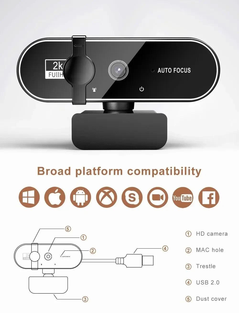 4K Full HD Webcam with Microphone Autofocus 8MP Website Camera for Windows PC Laptop IOS Macbook External Web Cam Video Calling