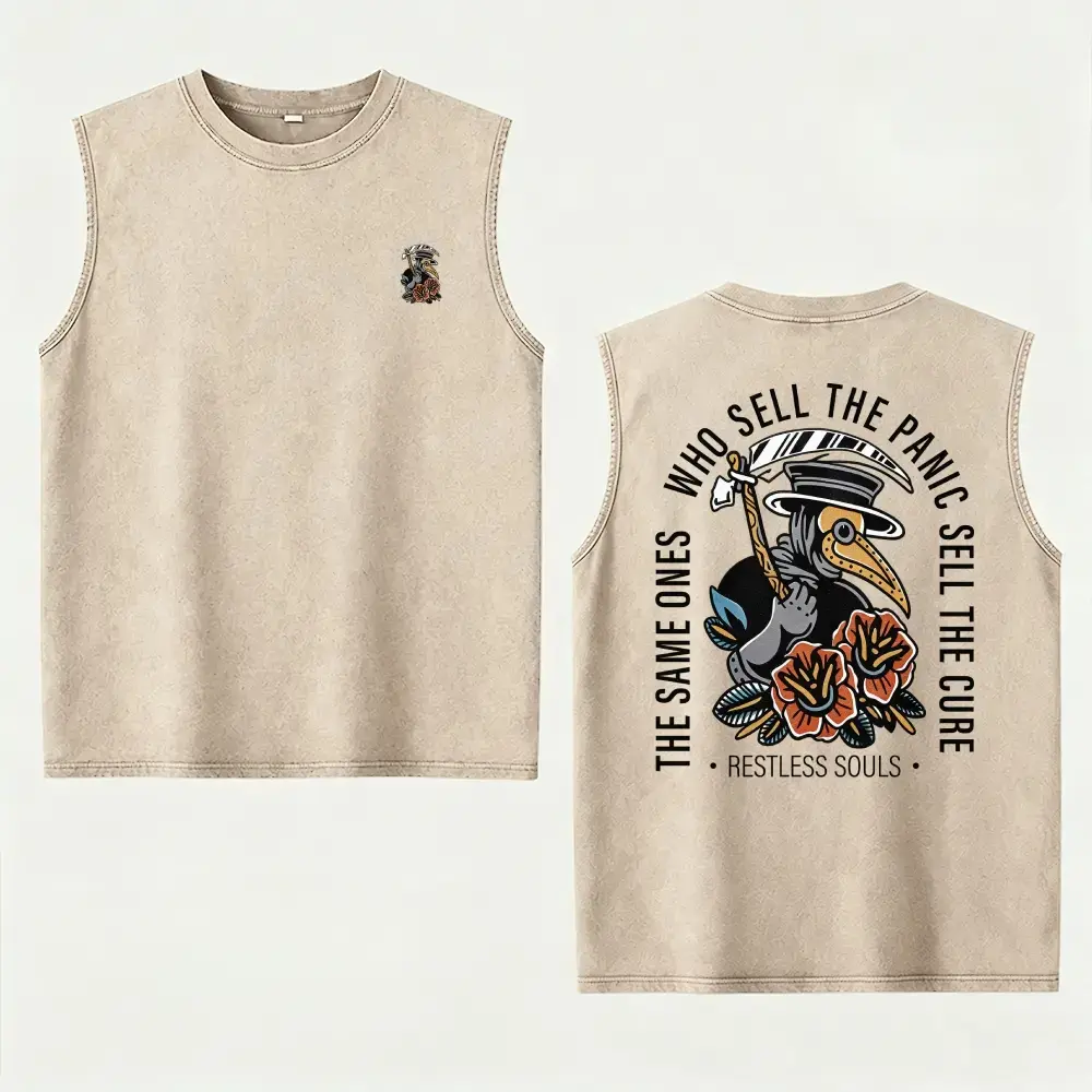 Mens Washed Oversized Aesthetic Cotton Fabric Tank Top - Plague Doctor, Restless Souls Quote, Double-Side Print, Breathable Sleeveless Crewneck, Retro Dark Streetwear Menswear Vest for Spring Summer Gym, Soft, Unisex, Vintage