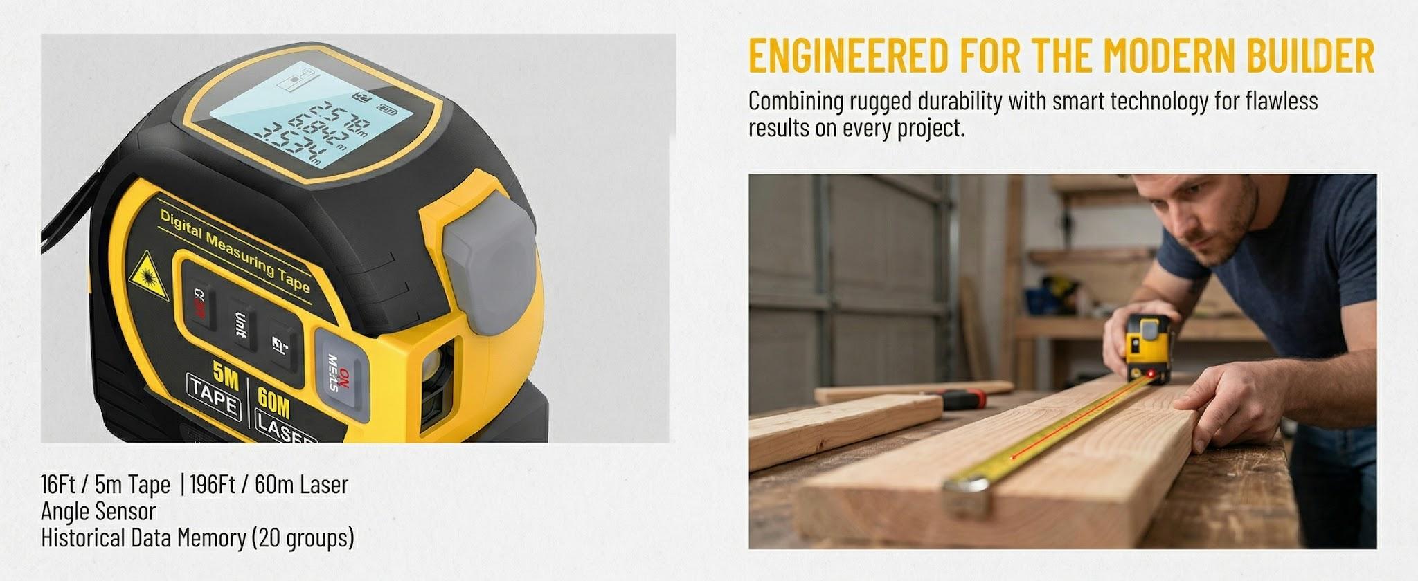 2-in-1 Laser Measuring Tool| 5m Self-Locking Tape + 40/50/60m Laser Distance Meter with LCD Display for Construction & Layout