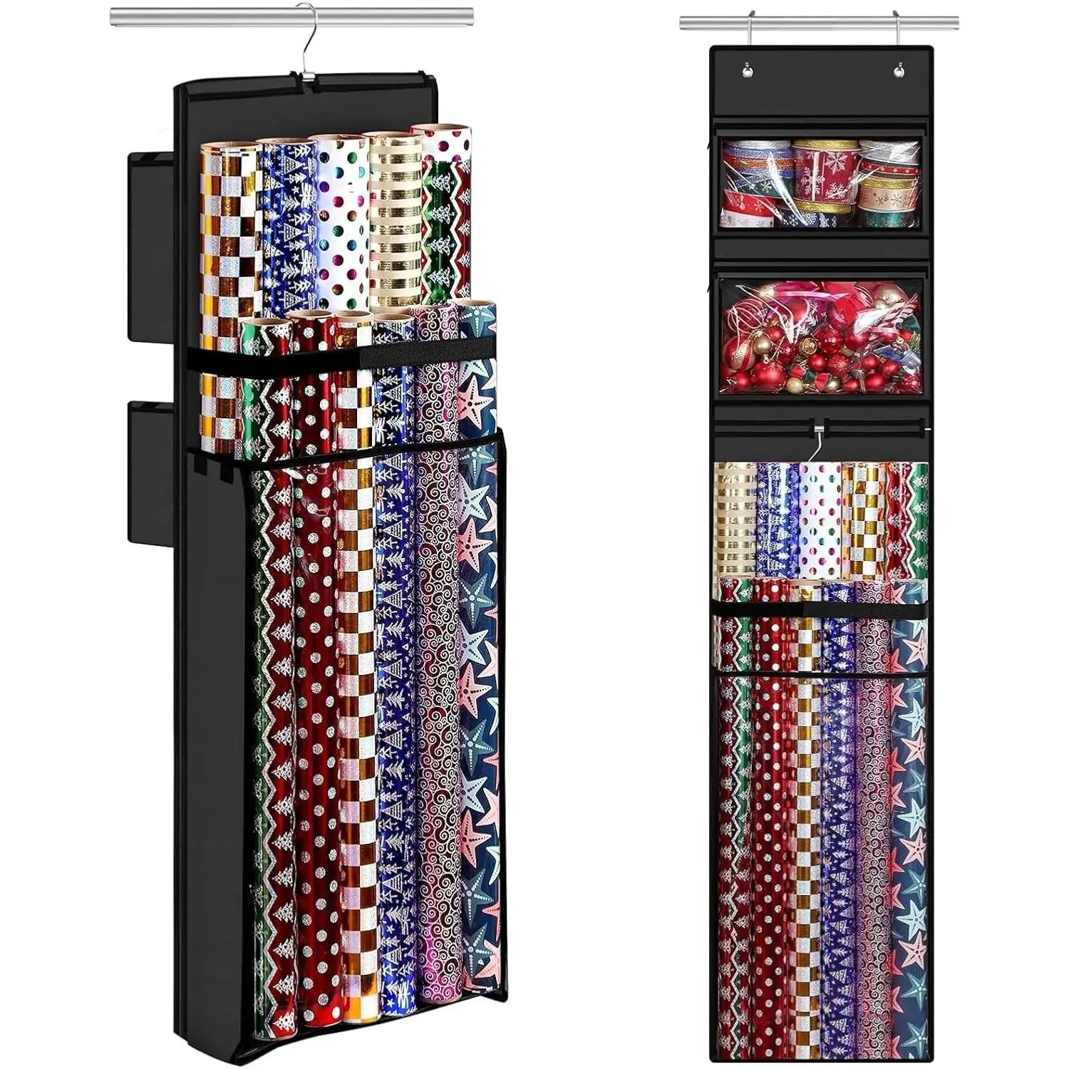 Hanging Wrapping Paper Organizer Storage, Over Door Gift Wrap Roll Holder 63 x 13 Double-Sided Christmas Wrapping Paper Storage Bag, Black Wrapper Station, Present Container for Room Closet, Birthday