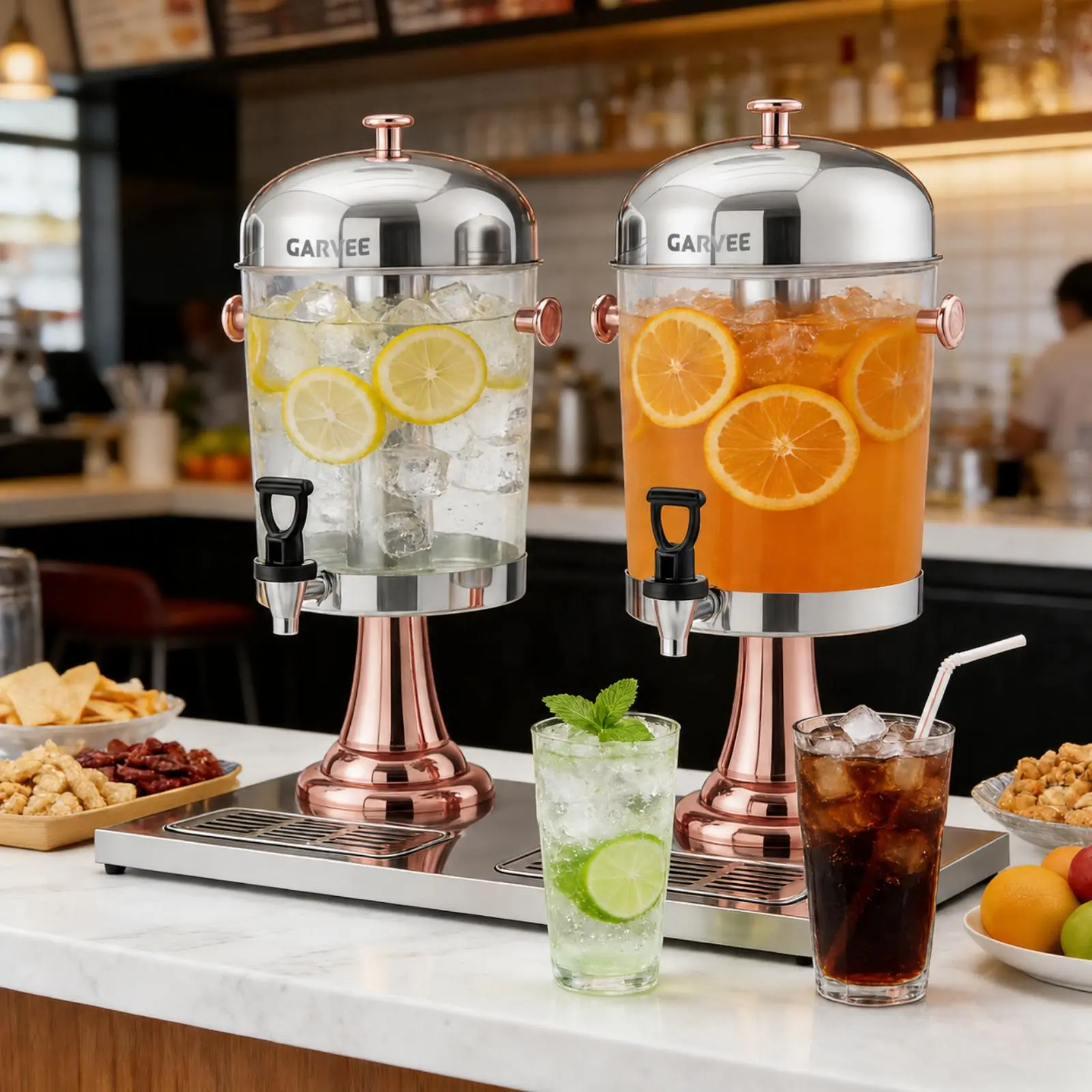 Commercial Beverage Dispenser with Ice Core, Stainless Steel Drink Dispenser with Stand, Spigot and Drip Tray for Parties, Weddings & Catering Events