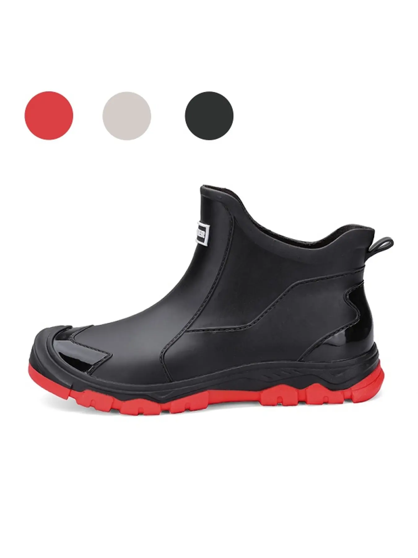 Matte Black Patent Spliced Short Waterproof Rain Boots, Slip-On Design For Rainy Office Grocery Driving Daily Styling