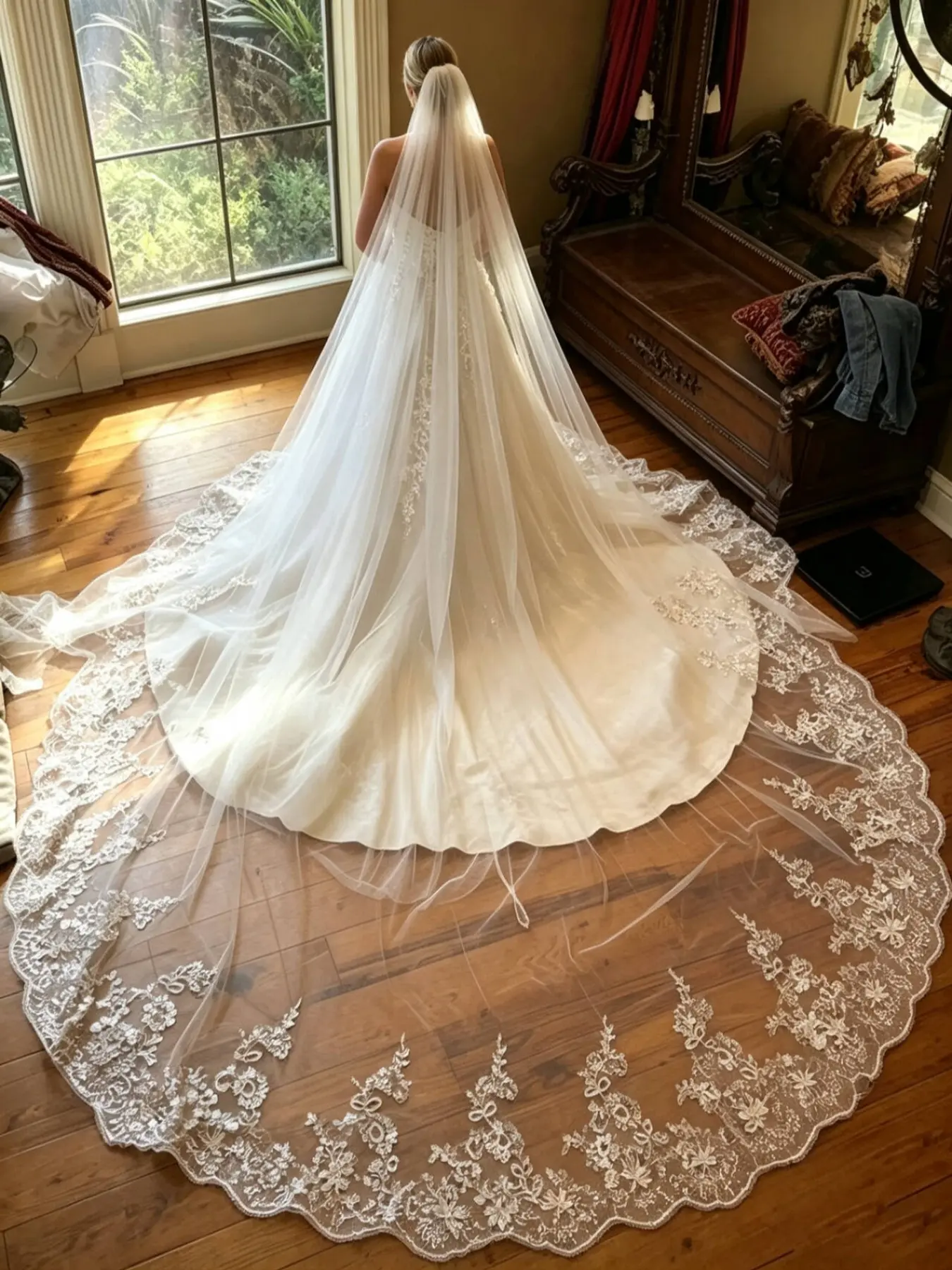 This 3-meter-long wedding veil features exquisite floral embroidery and lace edging along the hem. Crafted from soft tulle, it comes with a concealed hair comb. This romantic, long veil is perfect for church weddings and wedding photography.