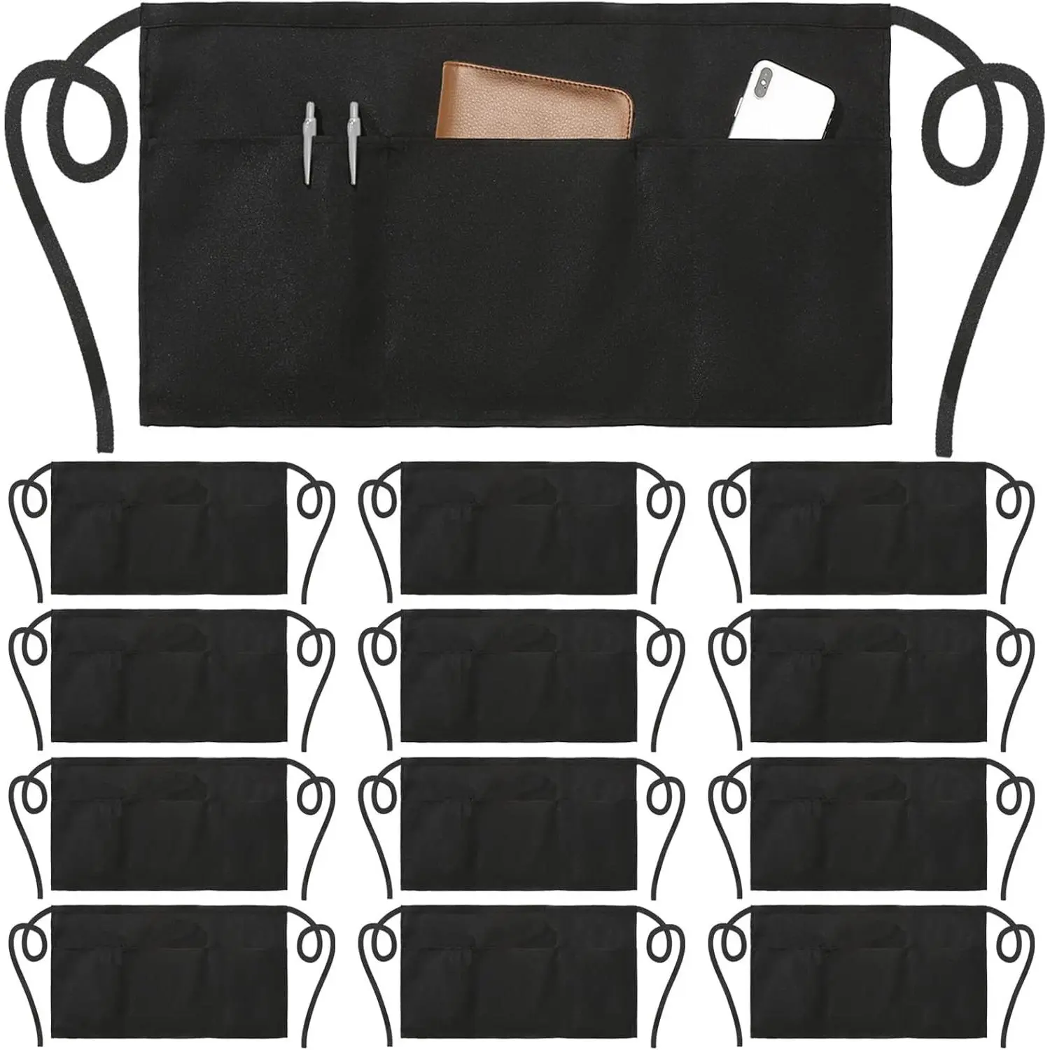 12 Pack Waist Aprons with 3 Pockets - Unisex Server Half Aprons for Women Men, Commercial Restaurant Work Aprons with Extra Long Straps and Reinforced SeamsGift