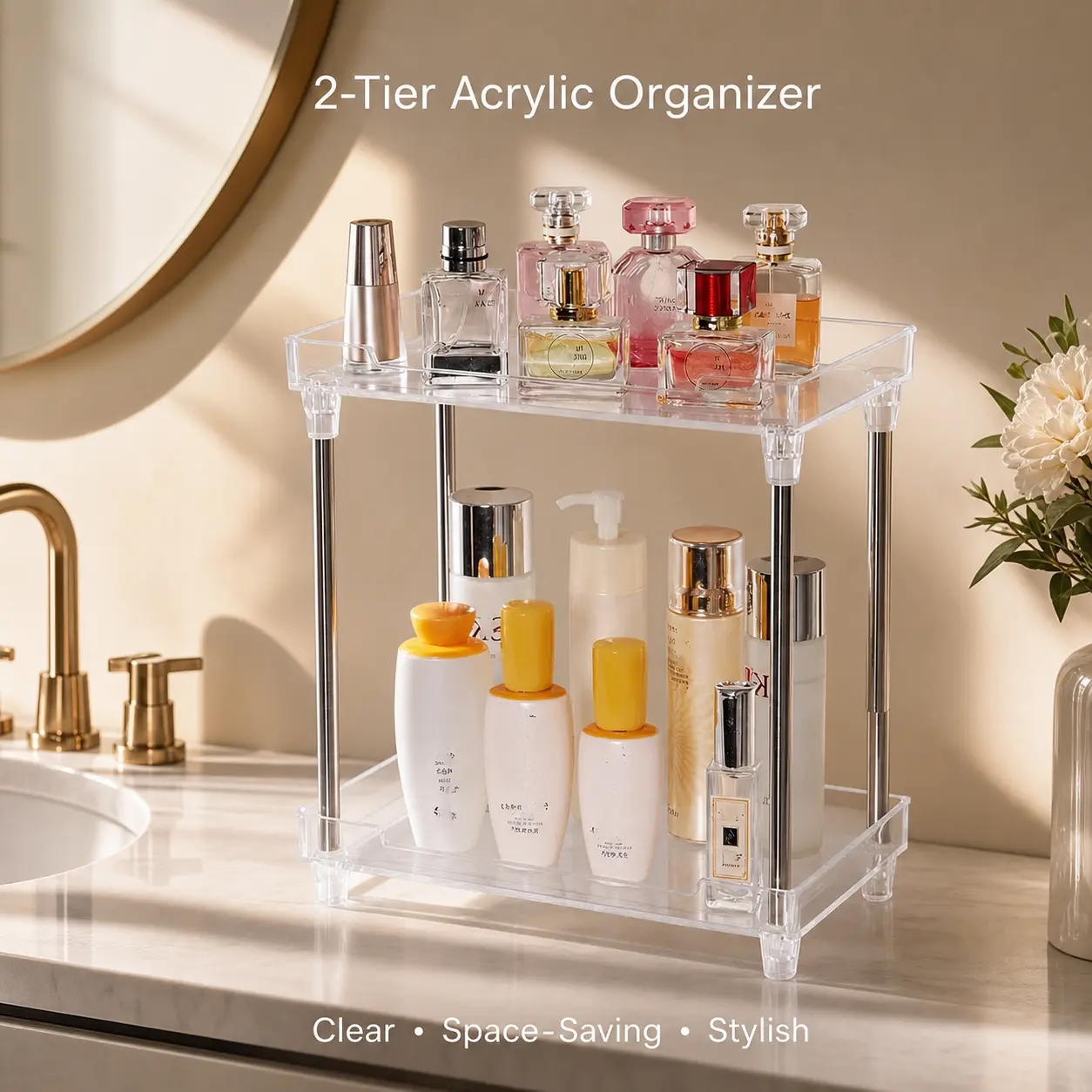 2-Tier Clear Acrylic Corner Body Spray Organizer for Bathroom Countertop, Makeup, Skincare and Lotion Storage, Vanity Tray Shelf for Small Spaces