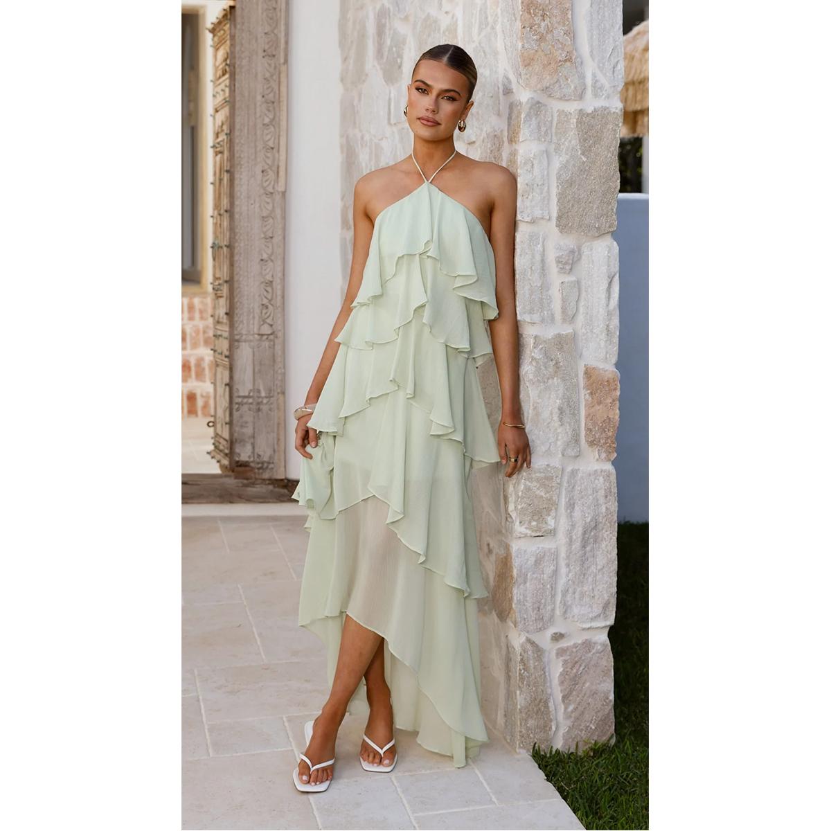 Women's Summer Frill Halter Neck Flowy Chiffon Sundress A-Line Tiered Ruffle Long Maxi Formal Wedding Dress