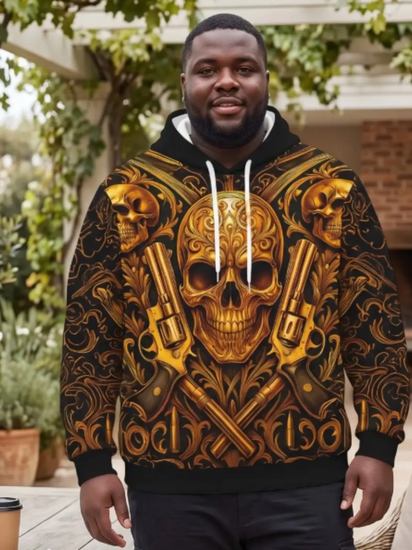 Men's Casual Plus Size Hoodie, Vintage Gold Skull Revolver Full Print, Loose-Fit Long Sleeve Sweatshirt, All Seasons Fashion
