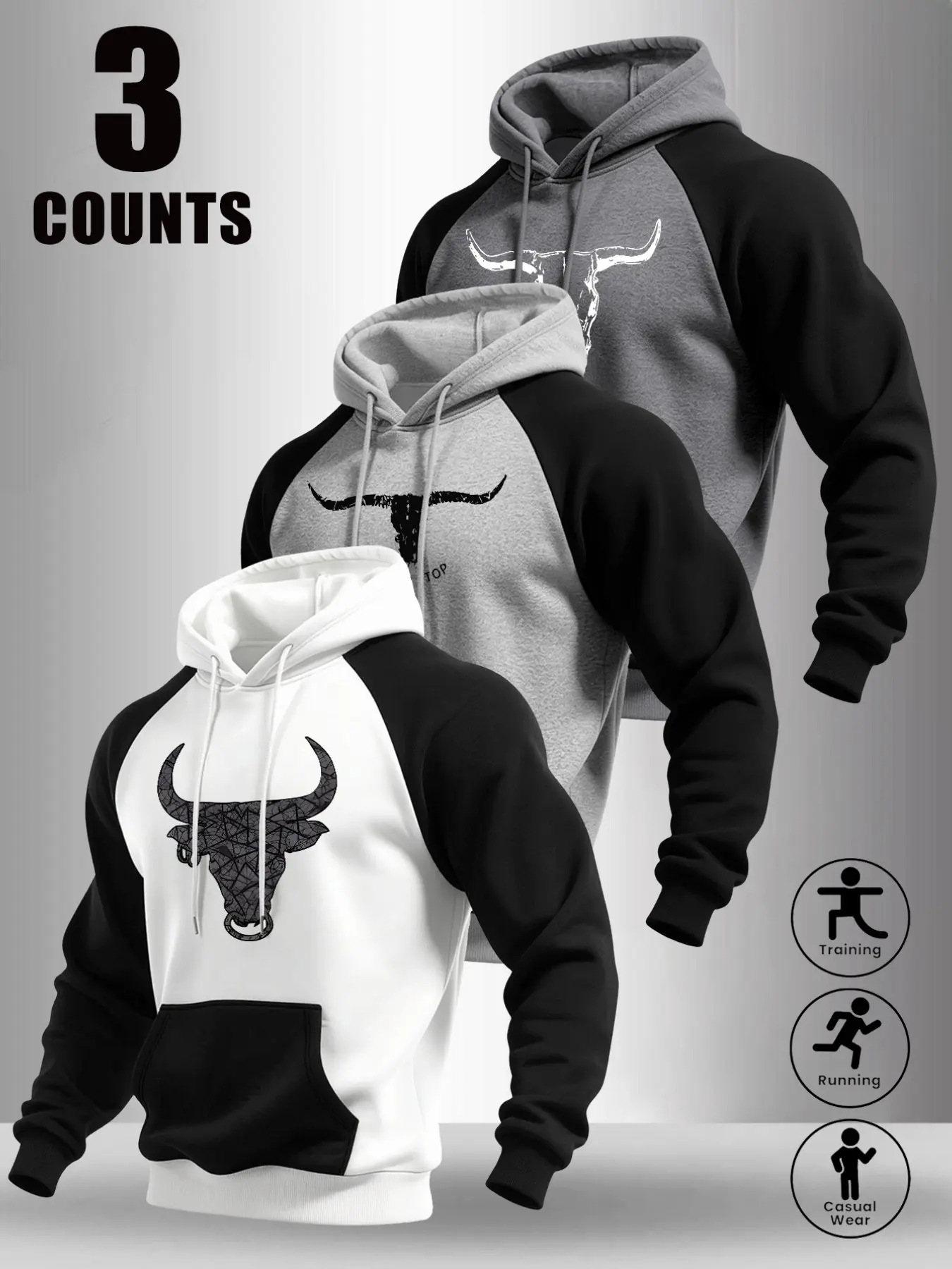 Raglan Sleeve Pullover Hoodie, Vintage Bull Head Cow Skull Graphic Print, Front Kangaroo Pocket, Loose Fit Soft Daily Sweatshirt for Training Running Street Casual Sports Outfits#RaglanHoodie #BullHeadPrint #SportsSweatshirt#StreetCasualWear