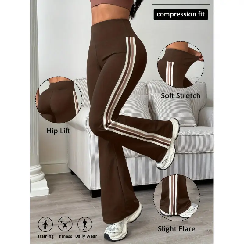 Women's Elastic Waist Contrast Color Stripe Knitted Polyester Sports Bottoms Casual Running Flared Activewear Pants