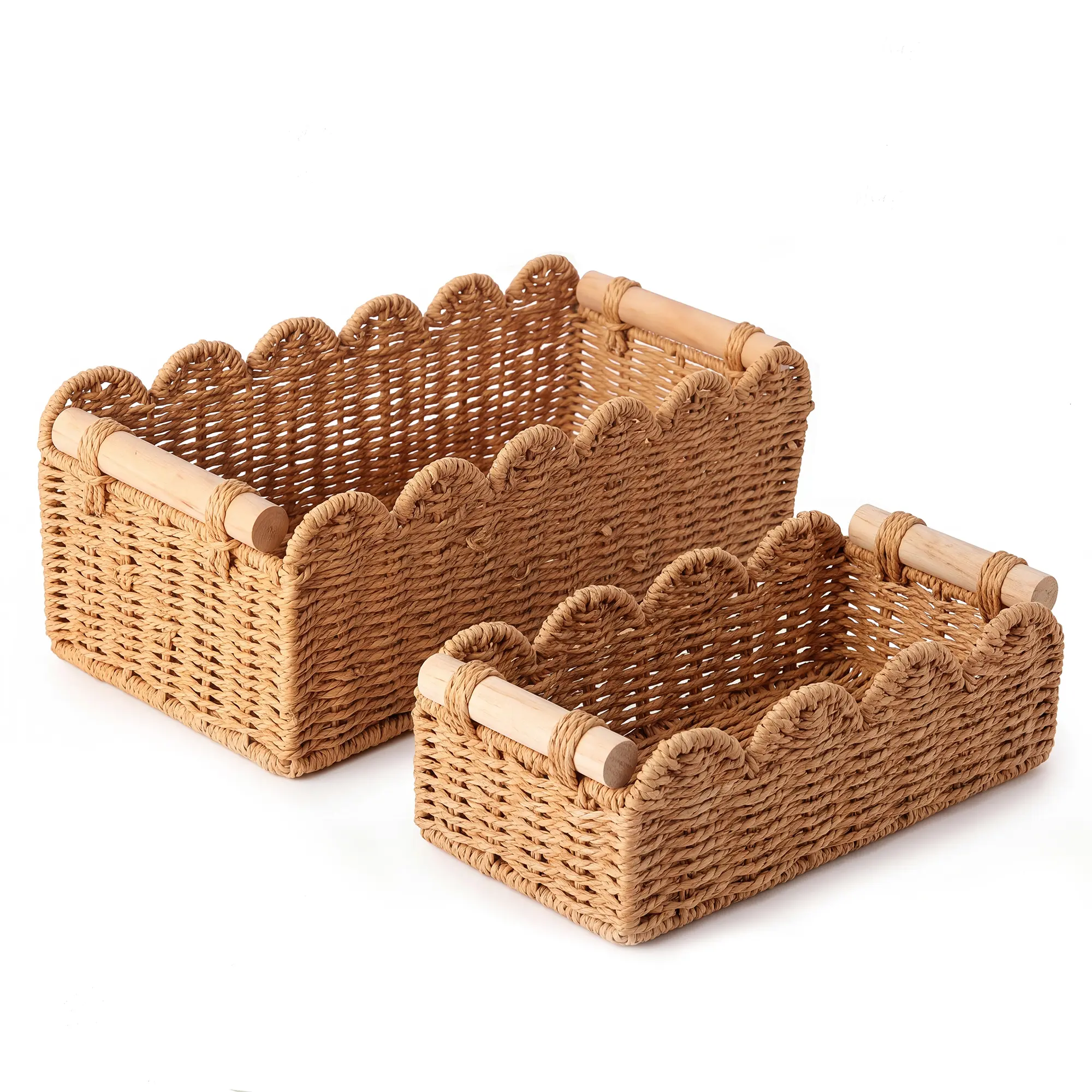 Smooth Scalloped Edge Paper Rope Woven Storage Baskets - Rectangular Vanity Decorative Organizer Bins with Wooden Handles, 2 Sizes Available