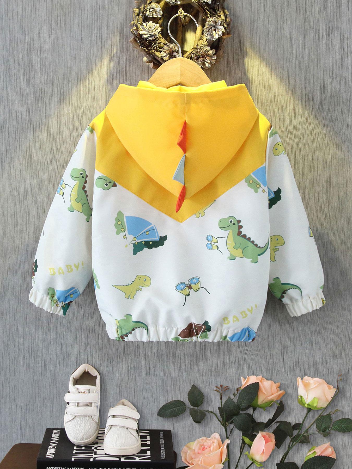 Boy's Cartoon Dinosaur Print Zip Up Hooded Jacket, Cute Casual Long Sleeve Outerwear for Spring & Fall, Kids Clothes for Daily Wear