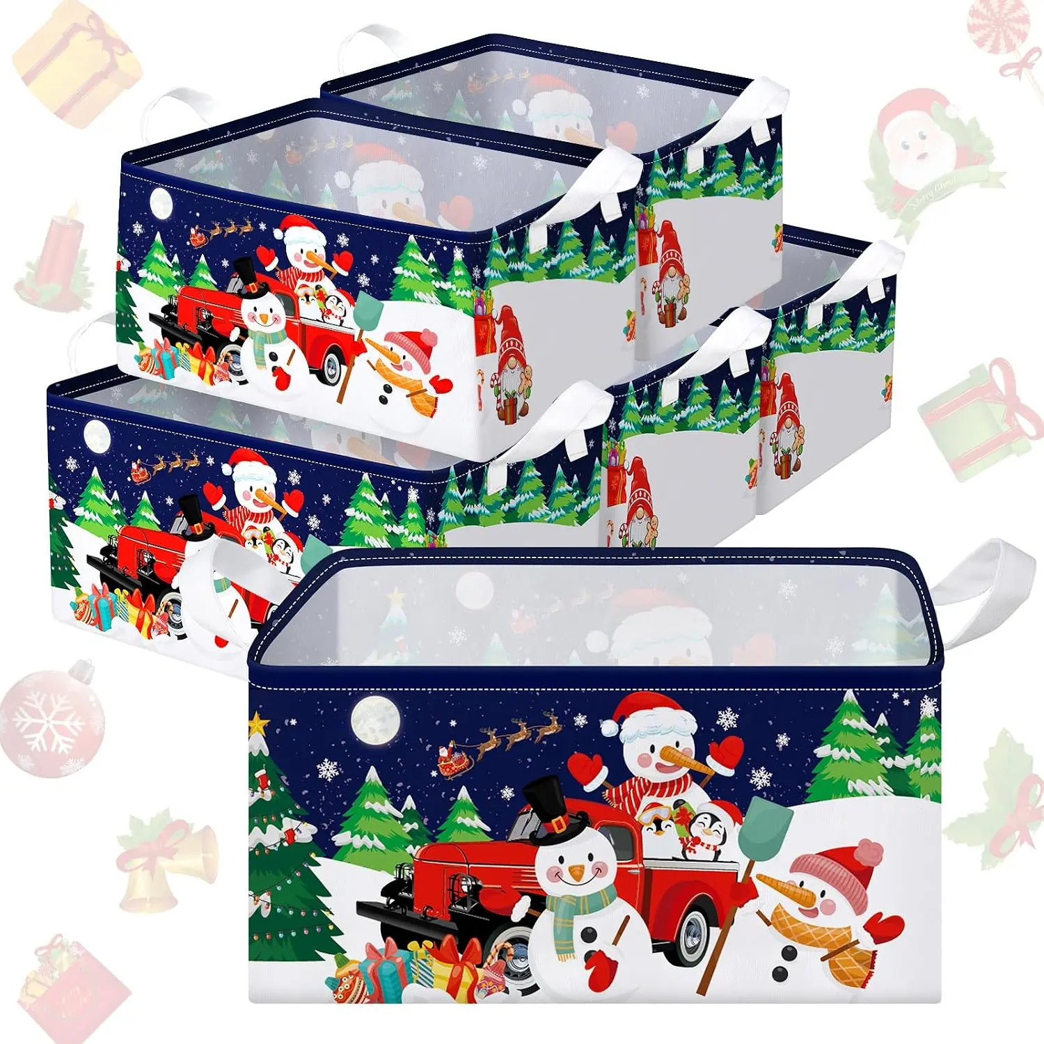 6 count Large Christmas Snowman Storage Baskets Xmas  Basket | Christmas Basket for Gifts Empty, Rectangle Fabric Bins with Handle, Foldable Containers Box, Snowman Christmas Tree Print