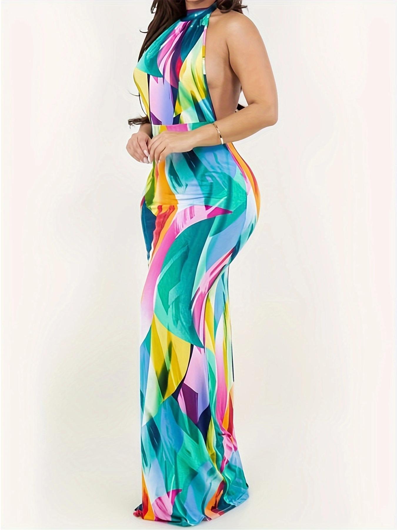 Women's All Over Print Tie Back Halter Dress, Elegant Chic Fitted Fashion Backless Maxi Dress for Daily Holiday Vacation Wear, Women Dress for Summer, Womenswear