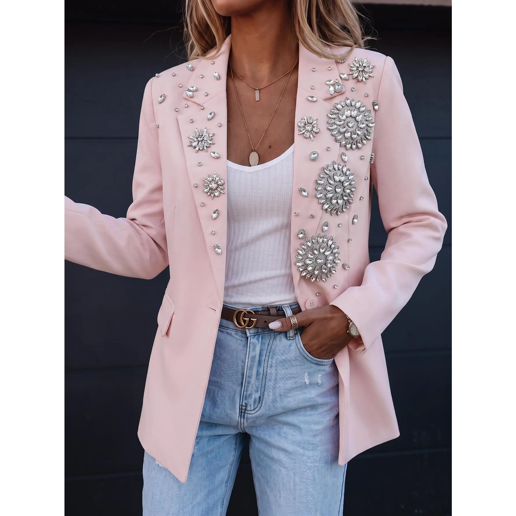 ASANDY Womens Pink Blazer Jacket Notched Lapel Single Button Rhinestone Floral Crystal Embellished Suit Coat Luxury Tailored Outerwear For Business Office Wedding Guest Party Evening Club Formal Street Chic Daily Wear