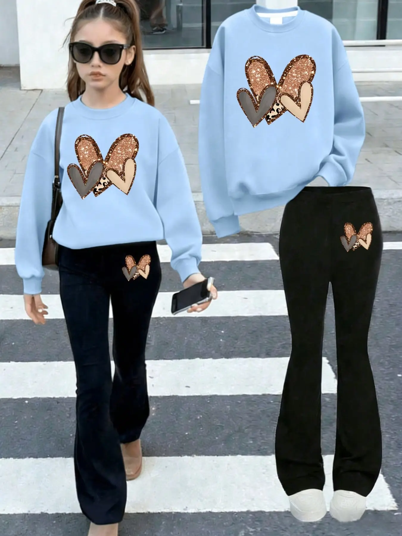 Girls' Hoodie and Bell Bottoms Pants Set, Korean Style Sweet Cool Heart Sequin Print, Loose Round Neck, Daily Wear for School