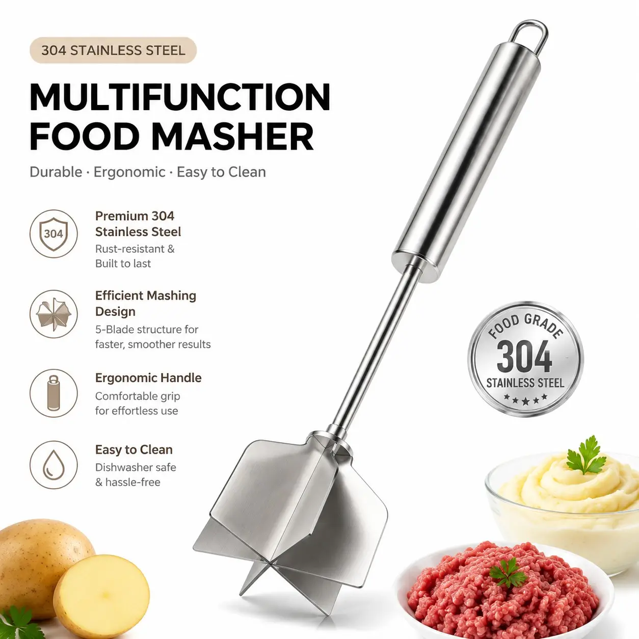 Stainless Steel Meat Grinder, Six Blade Beef Patty Maker, Kitchen Tool for Potatoes, Hamburgers, Vegetables, Dishwasher Safe, Food Grade Material
