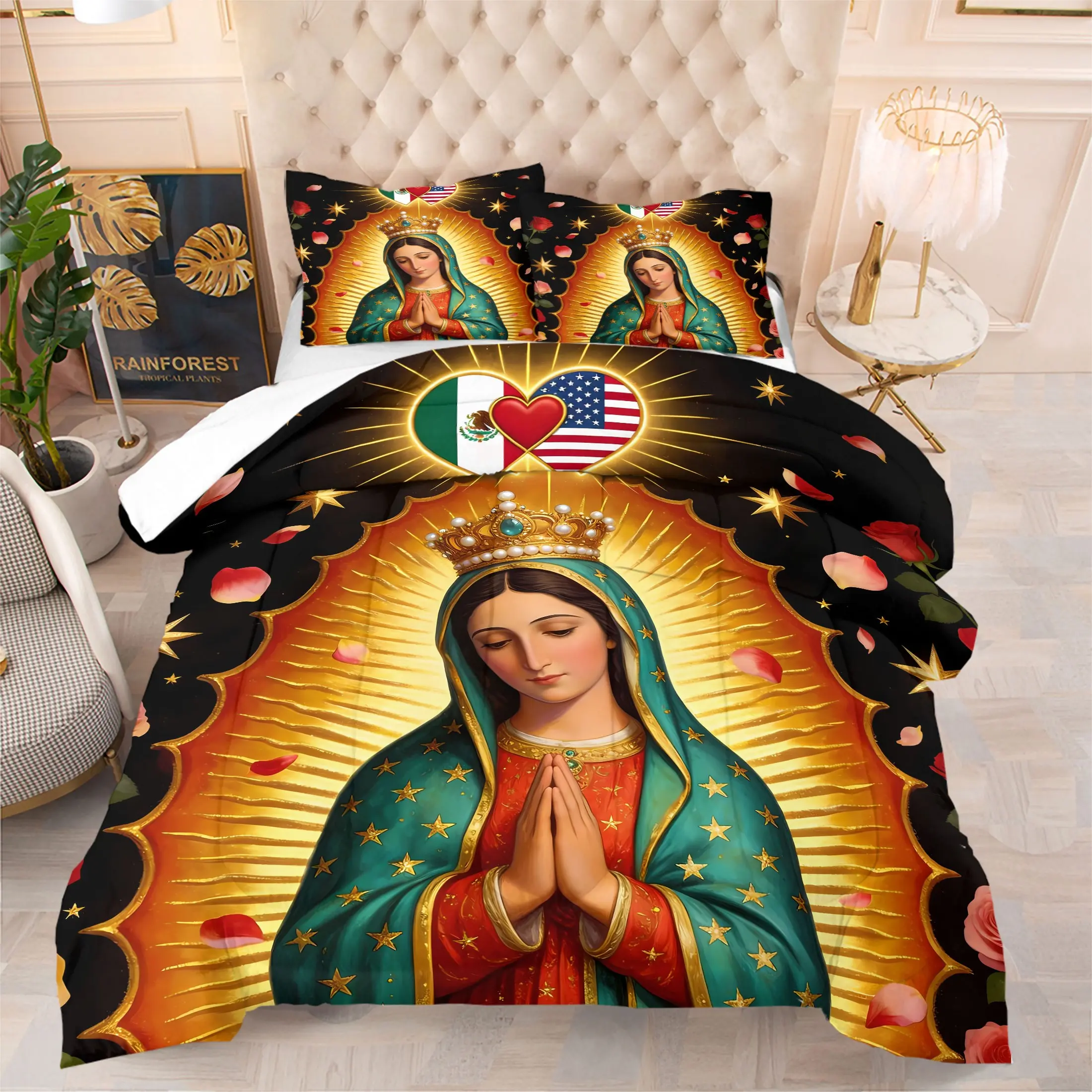 2/3Pcs Our Lady of Guadalupe Comforter Set, Mexico US Flag Rose Print Bedding with Pillowcases, Religious Spiritual Aesthetic Quilt, For Latin Catholic Women Families Bedroom, Devotional Cultural Home Decor