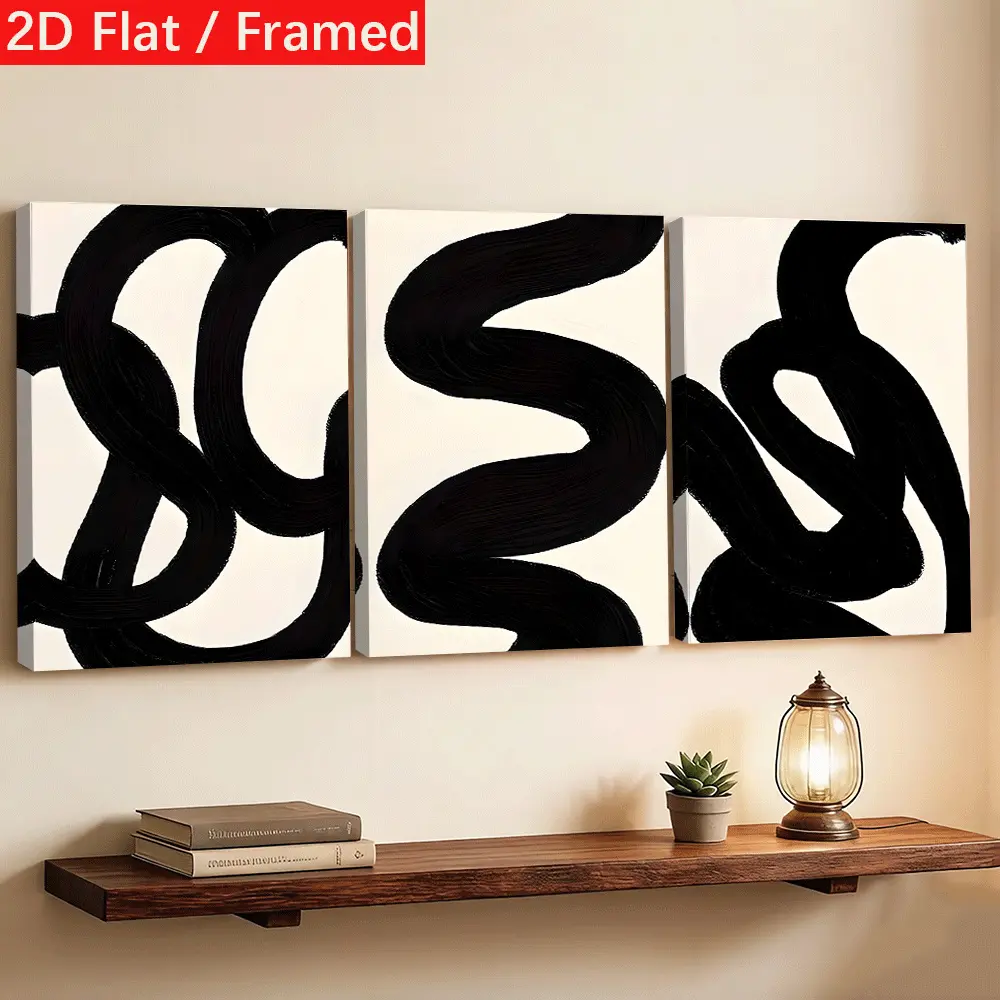 2D Flat Minimalist Abstract Black Brush Stroke Wrap Canvas Wall Art Modern Wabi Sabi Style Home Decor Textured Canvas Painting For Living Room Sofa Background Office Entryway Hallway Restaurant Aesthetic Wall Decoration