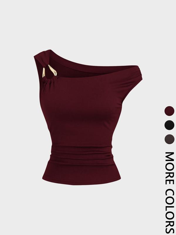 1 Piece  Valentine's Day Asymmetric Shoulder Ruched Crop Top | Euro-American Y2K Vibe | Cropped Design + Cold Shoulder Detail | Eye-Catching Pick for Weekend Shopping / Music Festivals