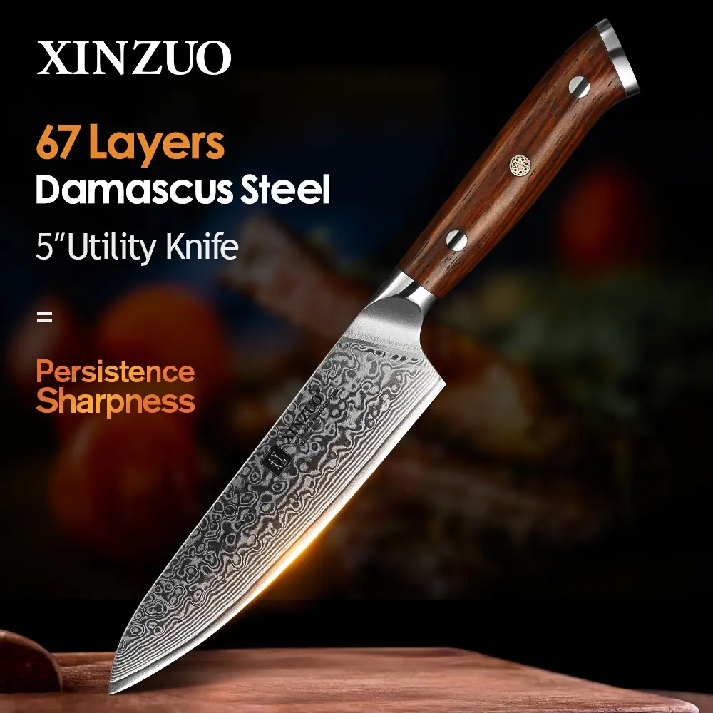 Yu Series 5-Inch XINZUO Damascus Steel Utility Knife: 67-Layer Damascus Super Steel Blade, 60±2 HRC Hardness, 15-Degree Single-Side Edge, High-Quality Rosewood Handle, Polishing Processing for Elegant Look, and a Beautiful Gift Box Included