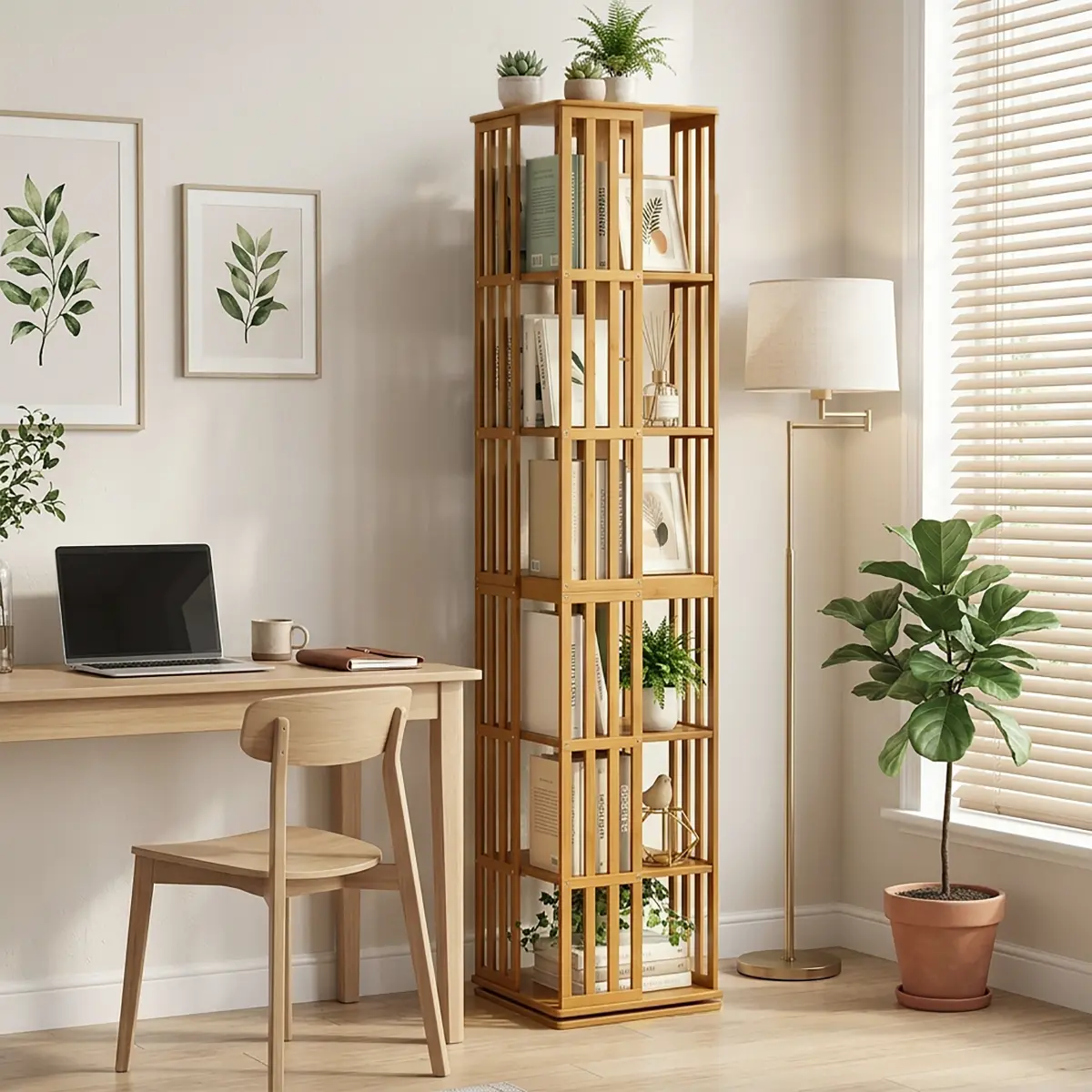 Fahuac 360° Rotating Bamboo Bookshelf, 6 Tier Spinning Bookcase Tower with Multi Level Storage Shelves, Space Saving Shelf for Living Room, Bedroom and Home Office