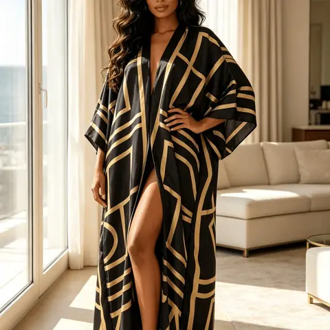 Women's Golden Abstract Geometric Print Satin Kimono Robe, Maxi Beach Cover-Up, Silky Nightgown, Casual Cover Up