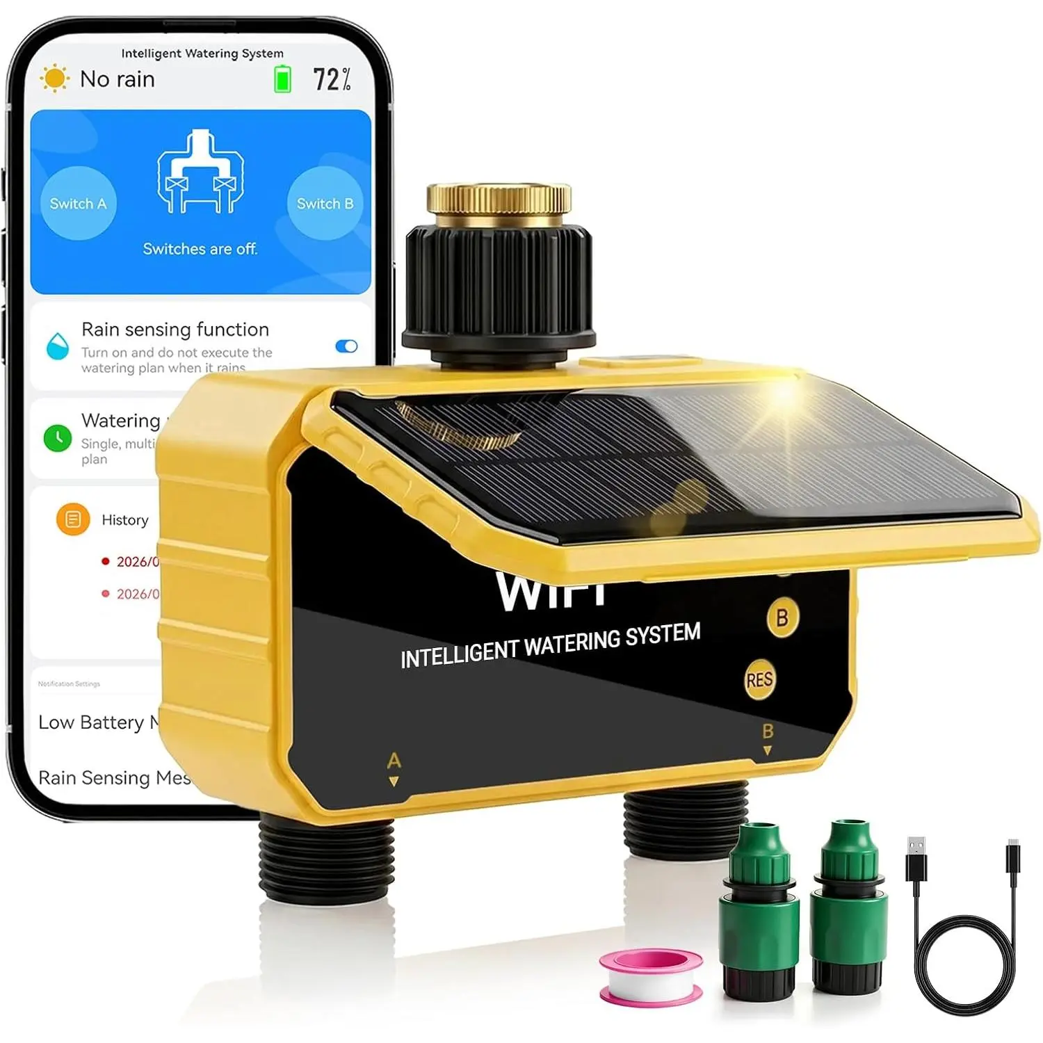 Sprinkler Timer, Solar WiFi Water Timer for Garden Hose, 2 Zone Water Sprinkler with Rain Sensor and Manual Mode via APP/Voice Control, Automatic Irrigation Control System for Lawns, Yard and Pool