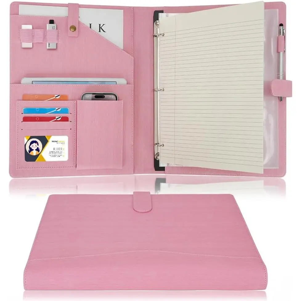 A4 PU Leather Portfolio Holder Ring File Document Case with Removable Binder Clipboard, Multi Pocket and Legal Pad for Business Organizer Interview and Meeting ()