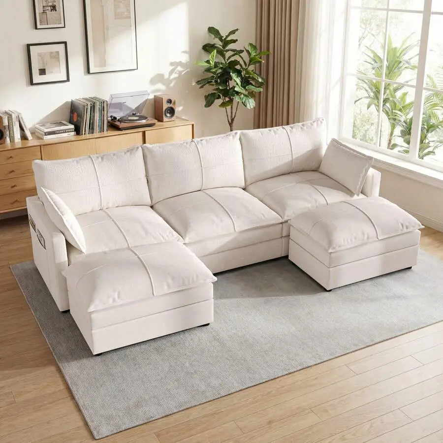 Scandinavian Style Sturdy Modular Convertible Sectional Sofa - U-Shaped Couch with Removable Washable Covers, Deep Seat Sponge Cushions, 300 lbs Per Seat Capacity for Living Room, Convertible Couch Bed