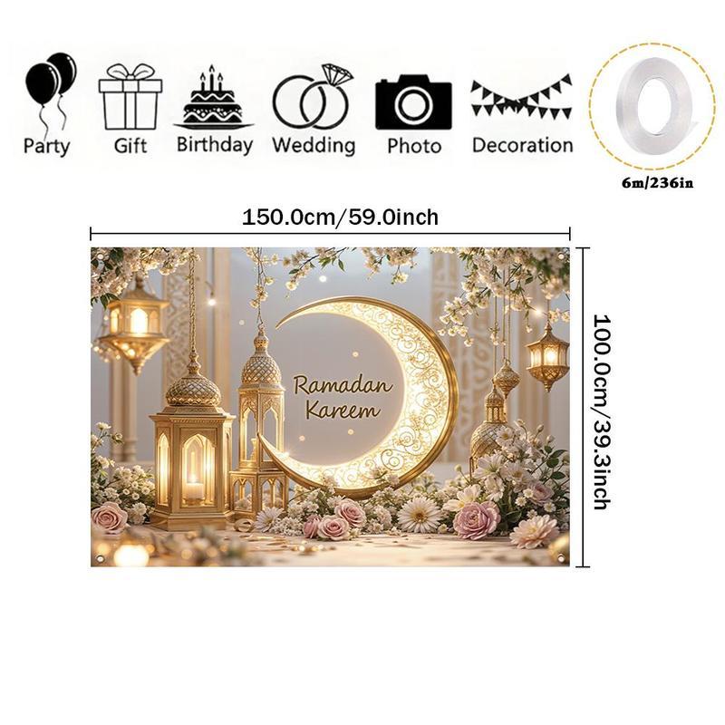 Ramadan Theme Backdrop, 1 Count Elegant Moon & Lantern Pattern Backdrop, Wall Decor for Home Living Room Bedroom, Party Decoration Supplies, Ornaments, Flowers